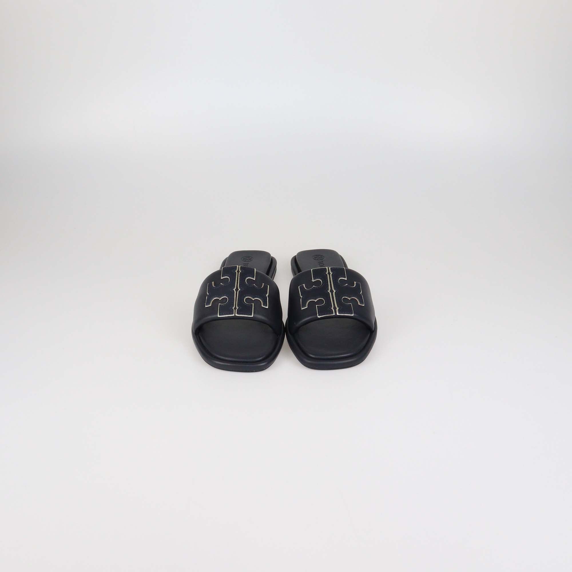 Tory Burch Black Leather Double T Flat Slides