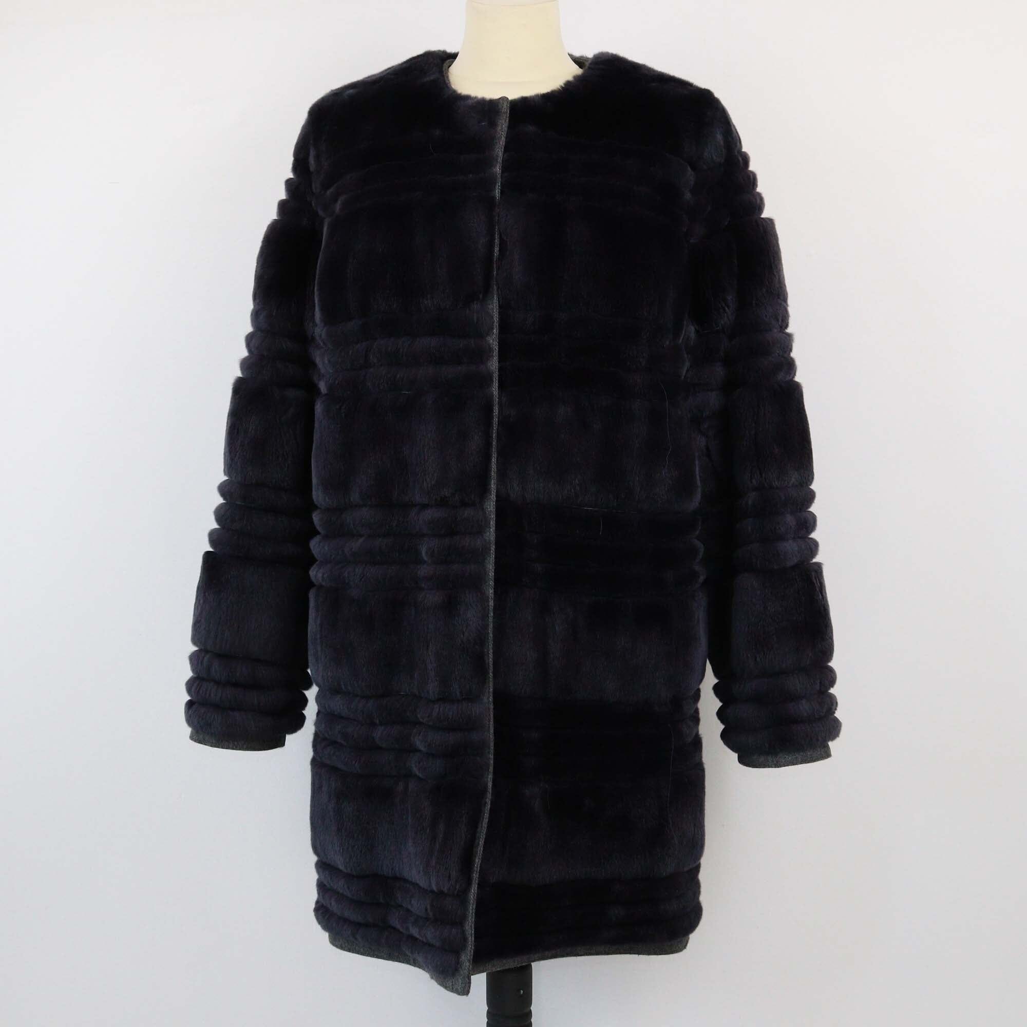 Yves Saint Laurent Dark Blue Rex Rabbit Fur Long Coat Womens Yves Saint Laurent