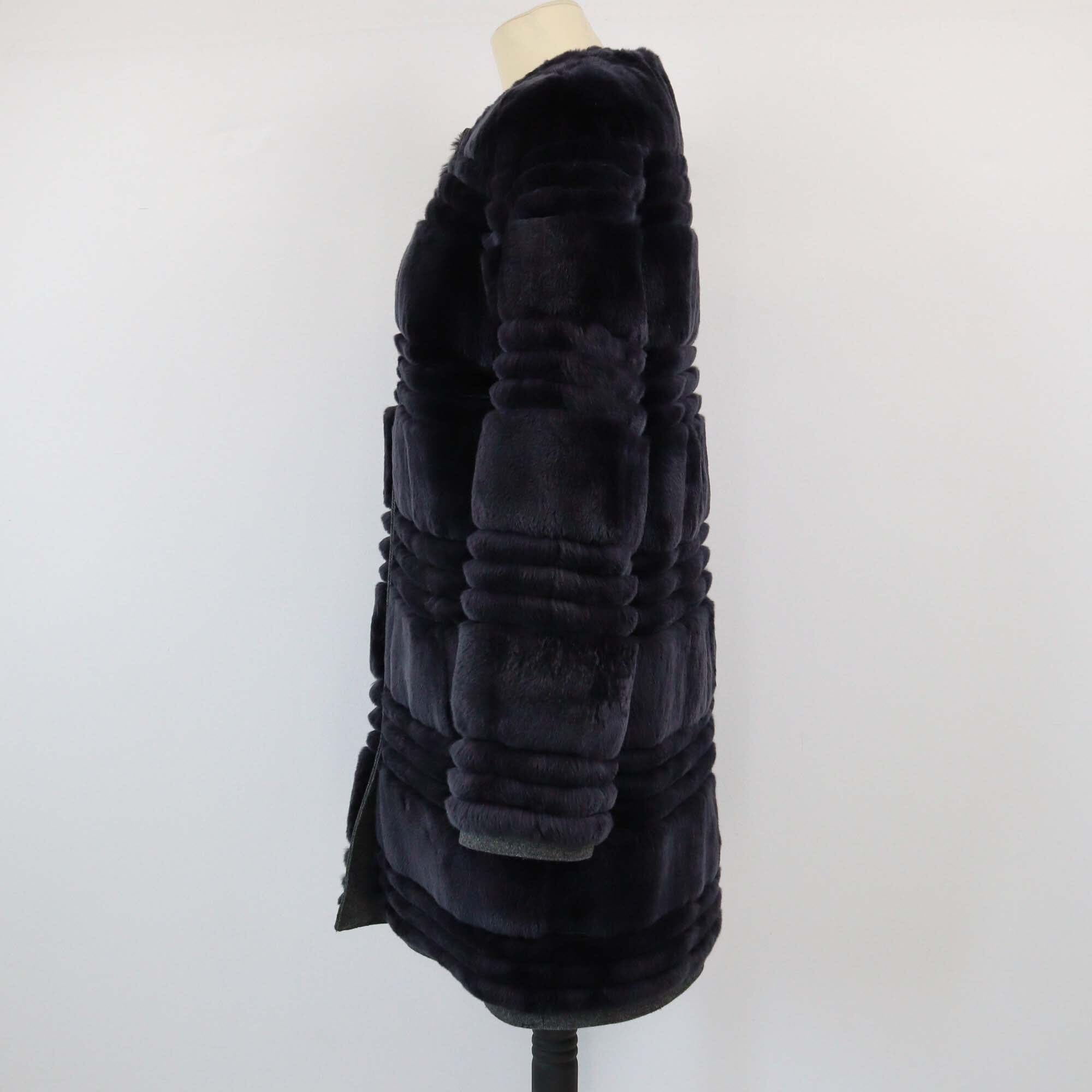 Yves Saint Laurent Dark Blue Rex Rabbit Fur Long Coat Womens Yves Saint Laurent