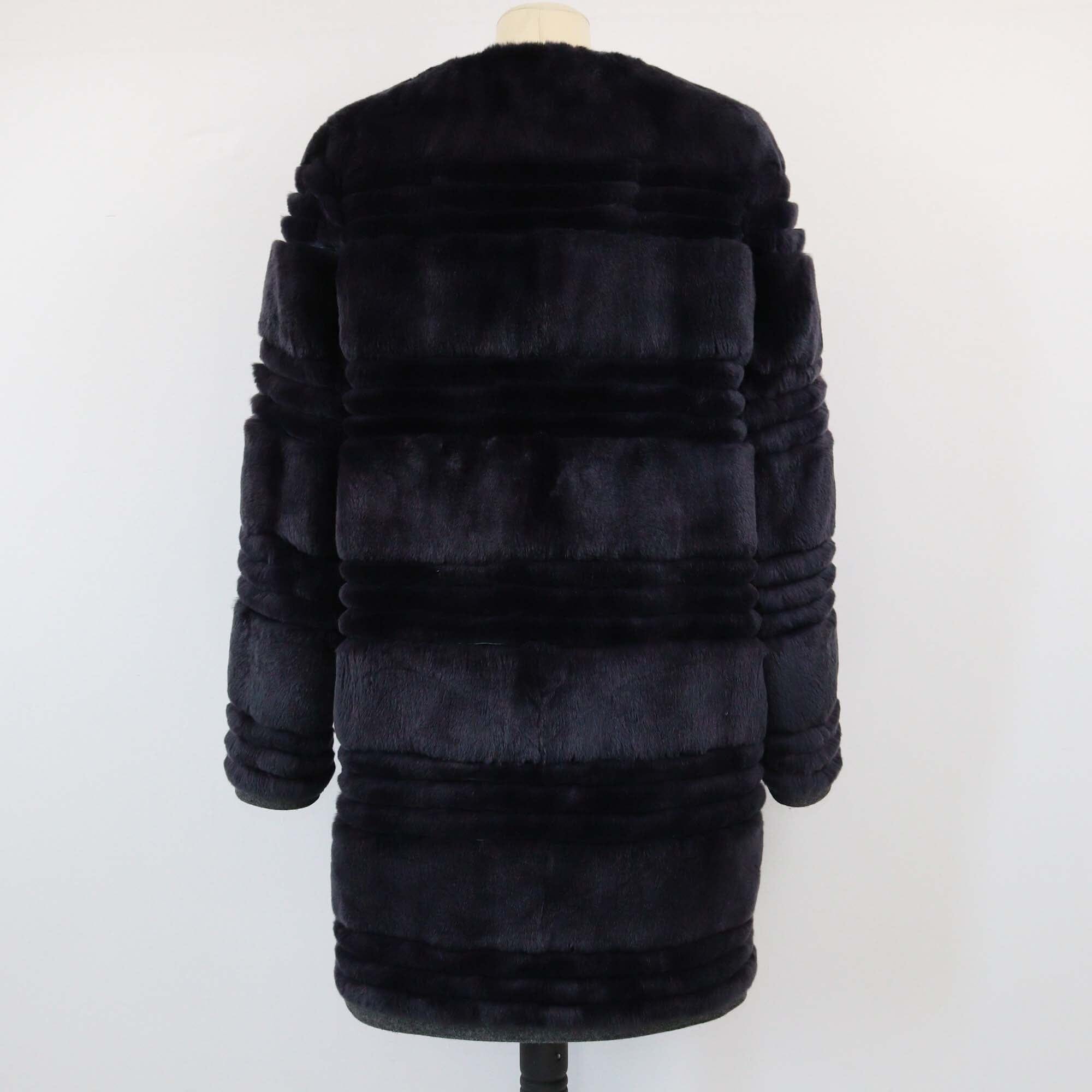 Yves Saint Laurent Dark Blue Rex Rabbit Fur Long Coat Womens Yves Saint Laurent