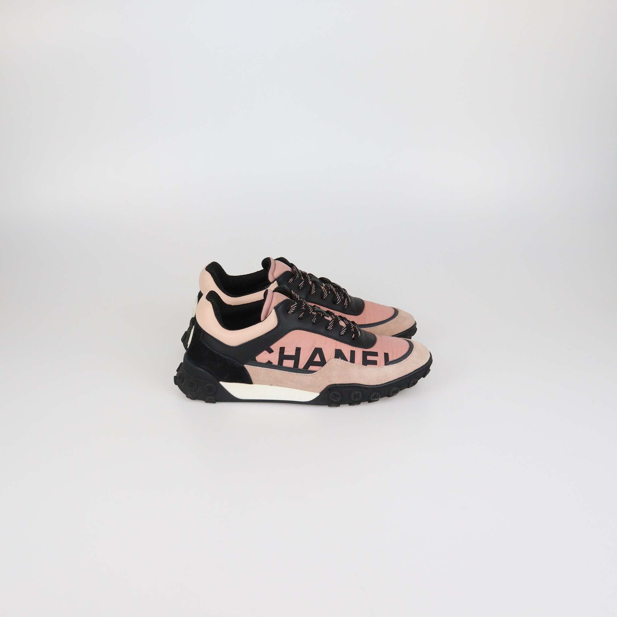 Chanel Pink/Black Nylon & Suede Logo Print Low Top Sneakers