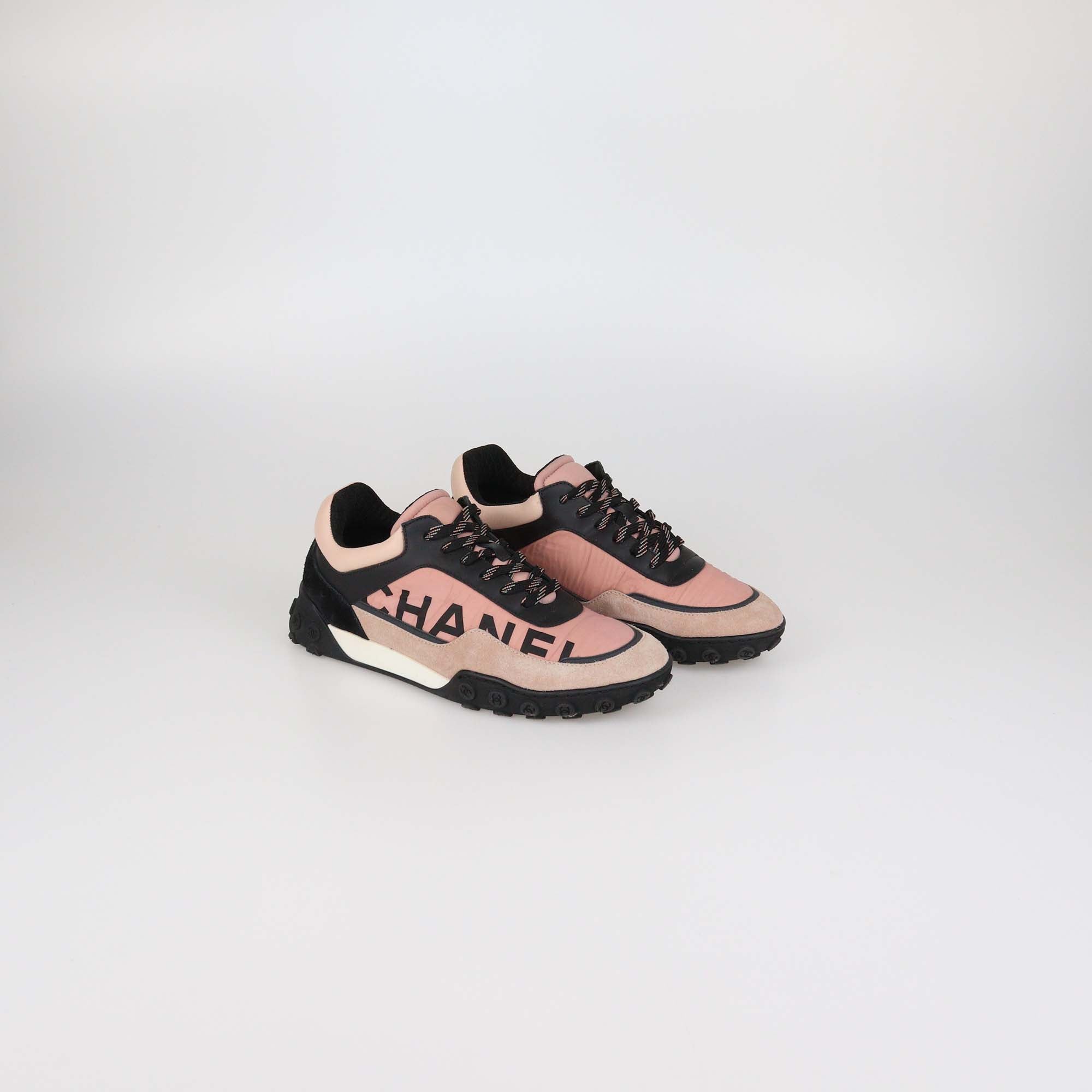 Chanel Pink/Black Nylon & Suede Logo Print Low Top Sneakers