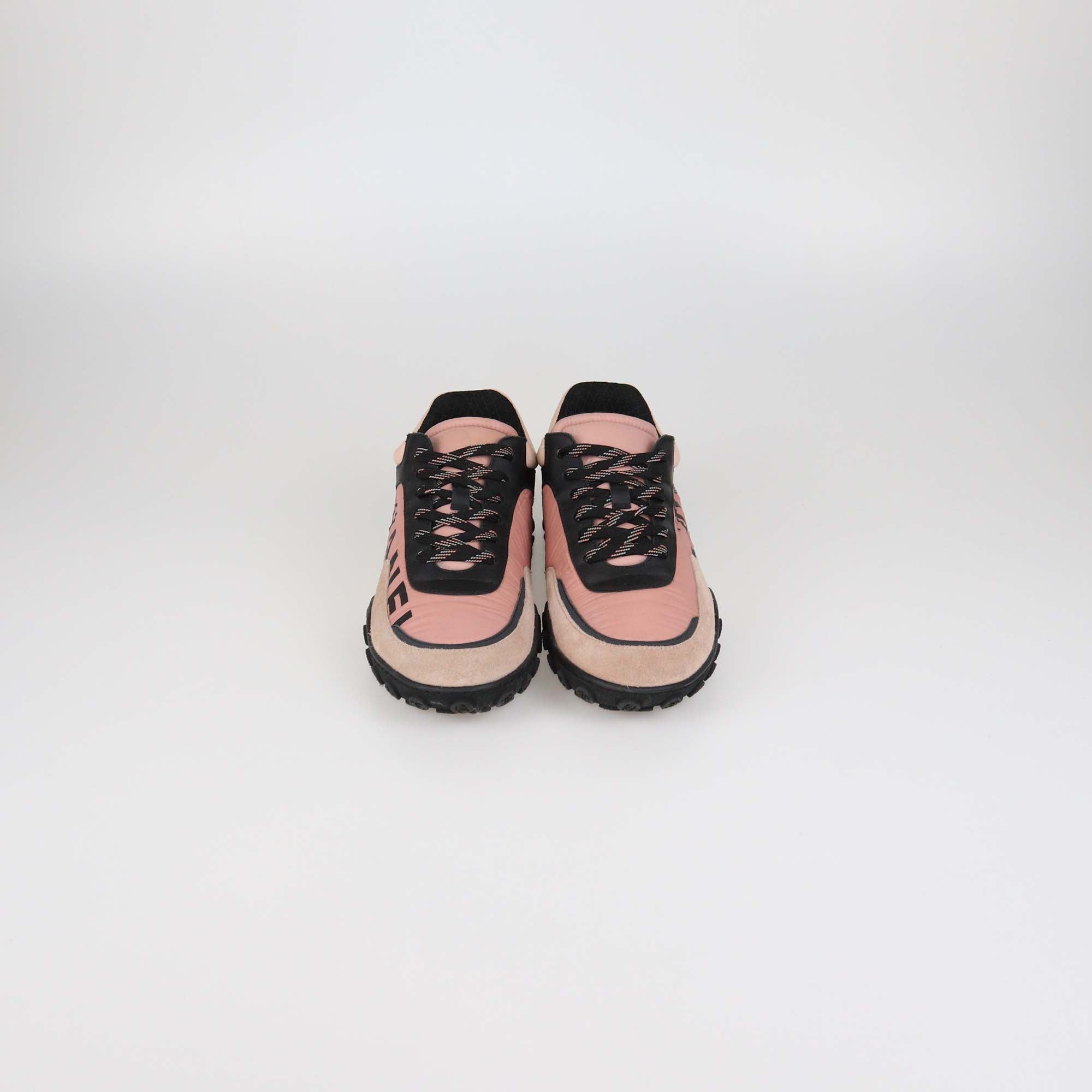 Chanel Pink/Black Nylon & Suede Logo Print Low Top Sneakers