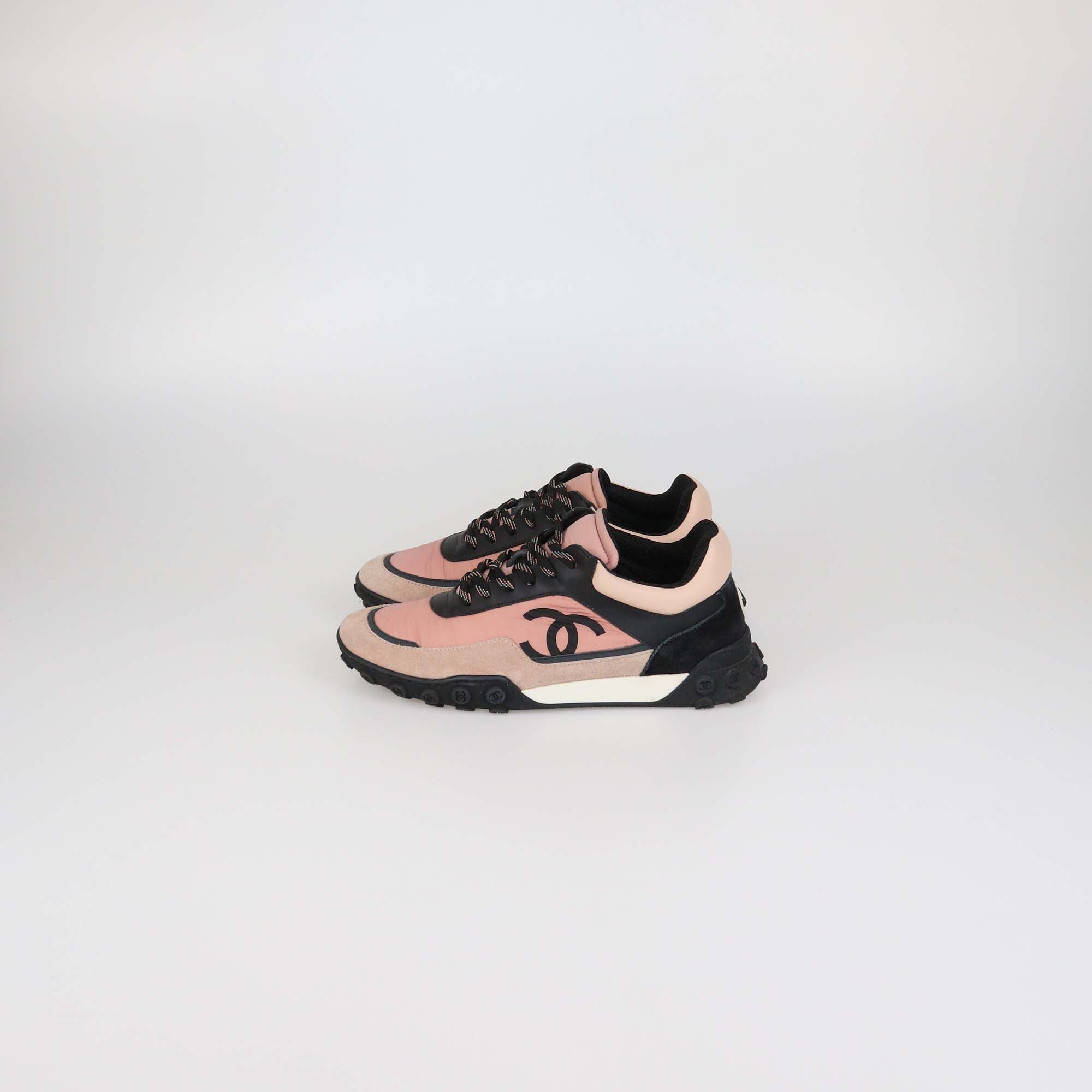 Chanel Pink/Black Nylon & Suede Logo Print Low Top Sneakers