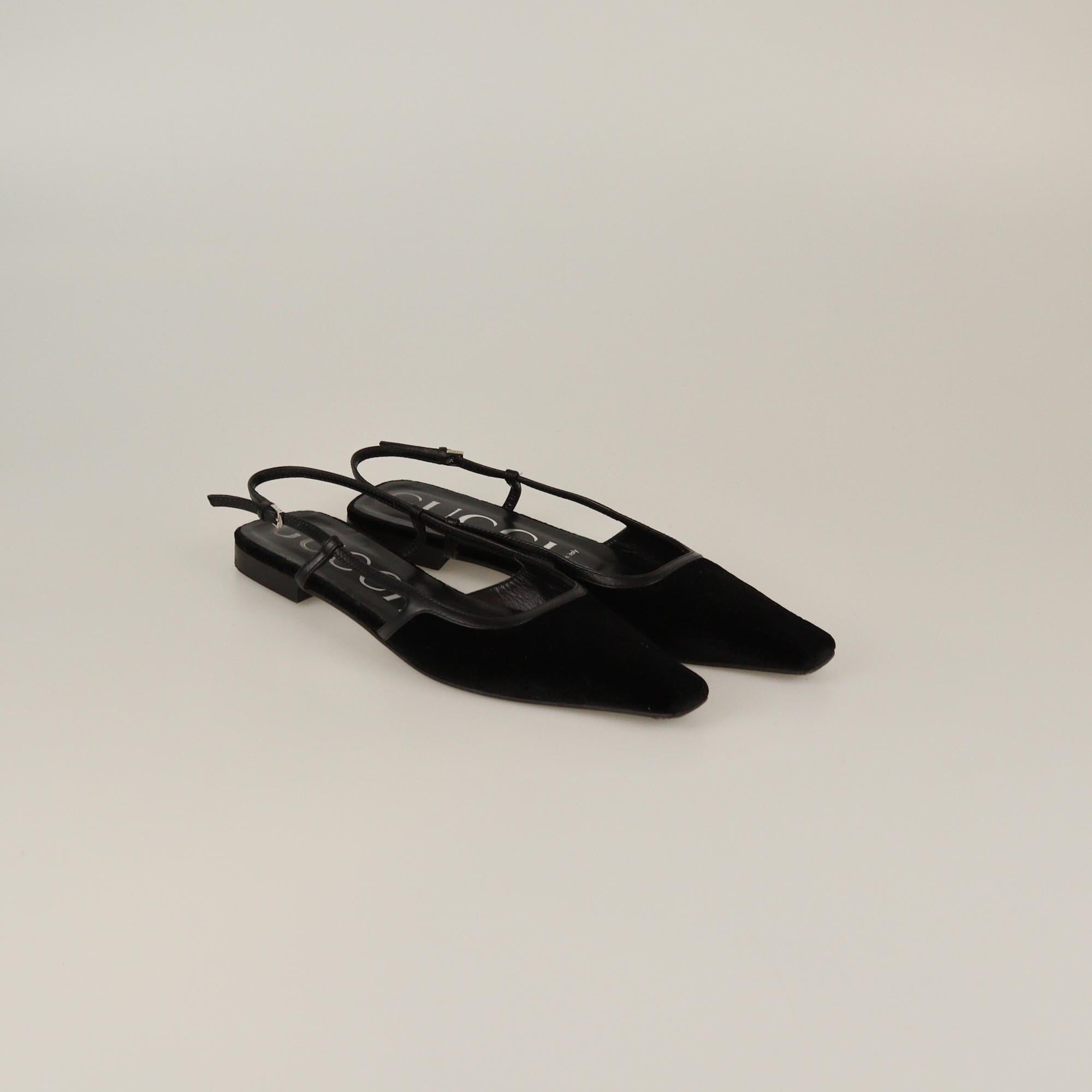 Gucci Black Velvet GG Monogram Slingback Ballet Flats Womens Gucci