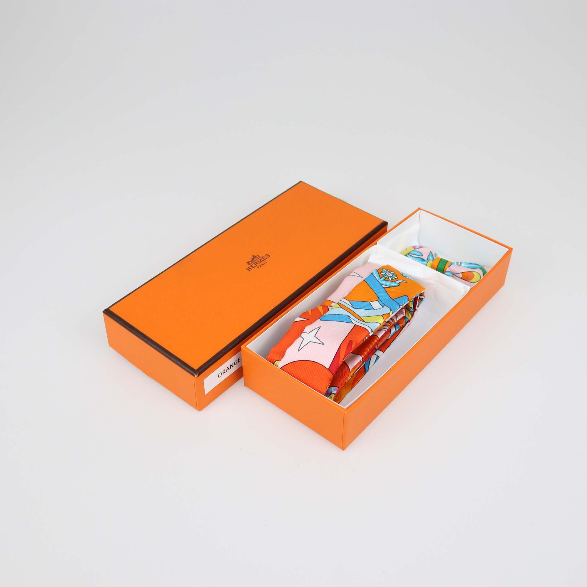 Hermes Multicolor Silk Printed Twillon & Bow Set