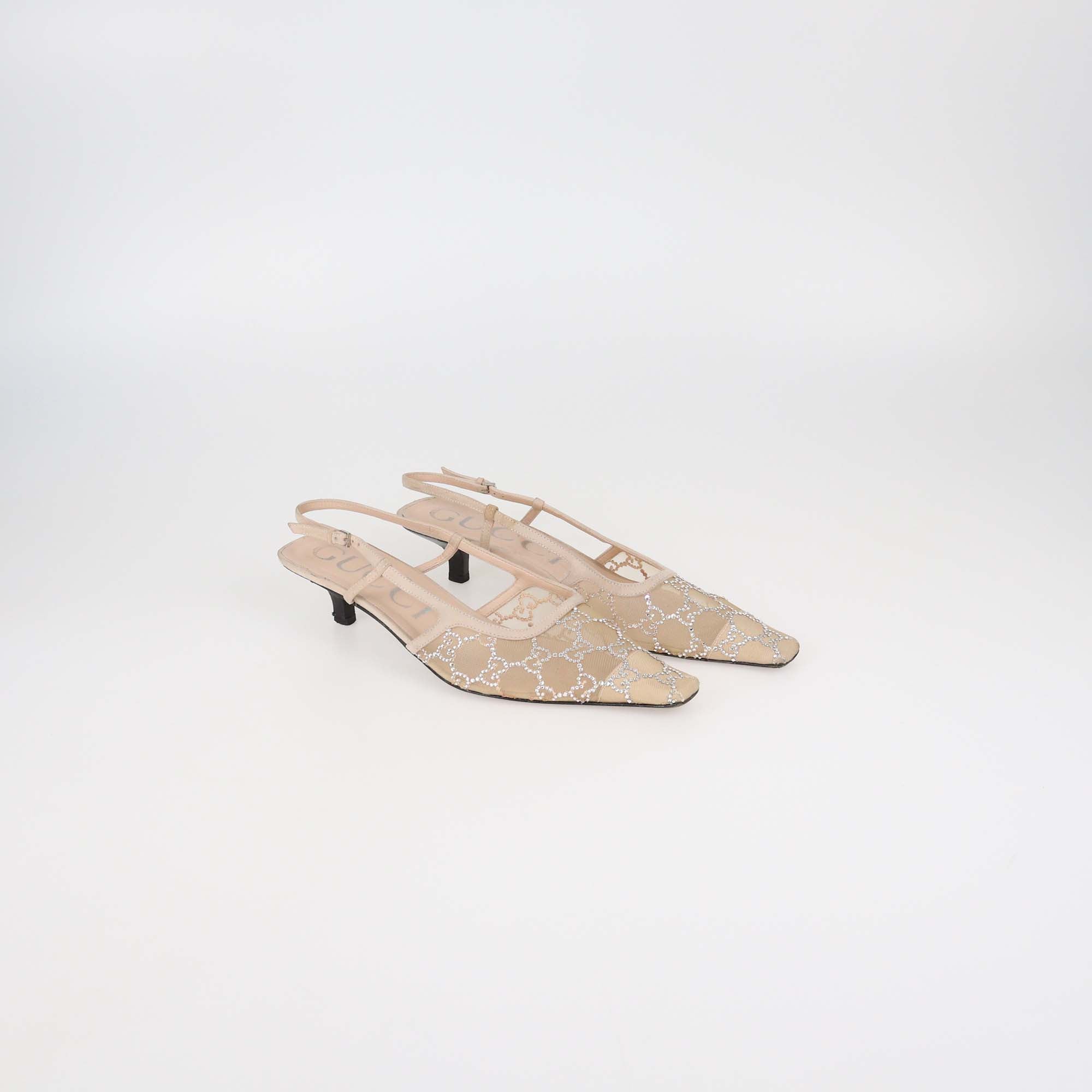 Gucci Cream Mesh And Suede GG Logo Accents Slingback Pumps