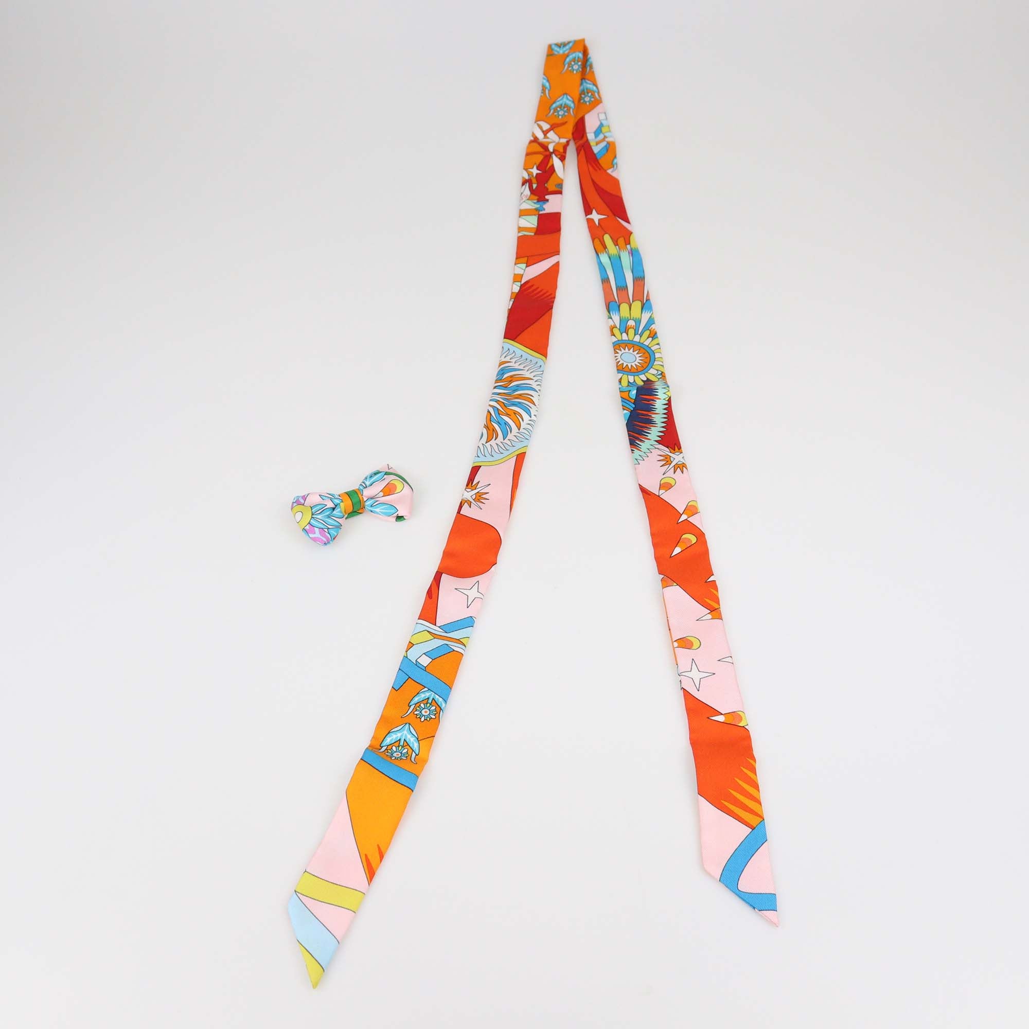 Hermes Multicolor Silk Printed Twillon & Bow Set