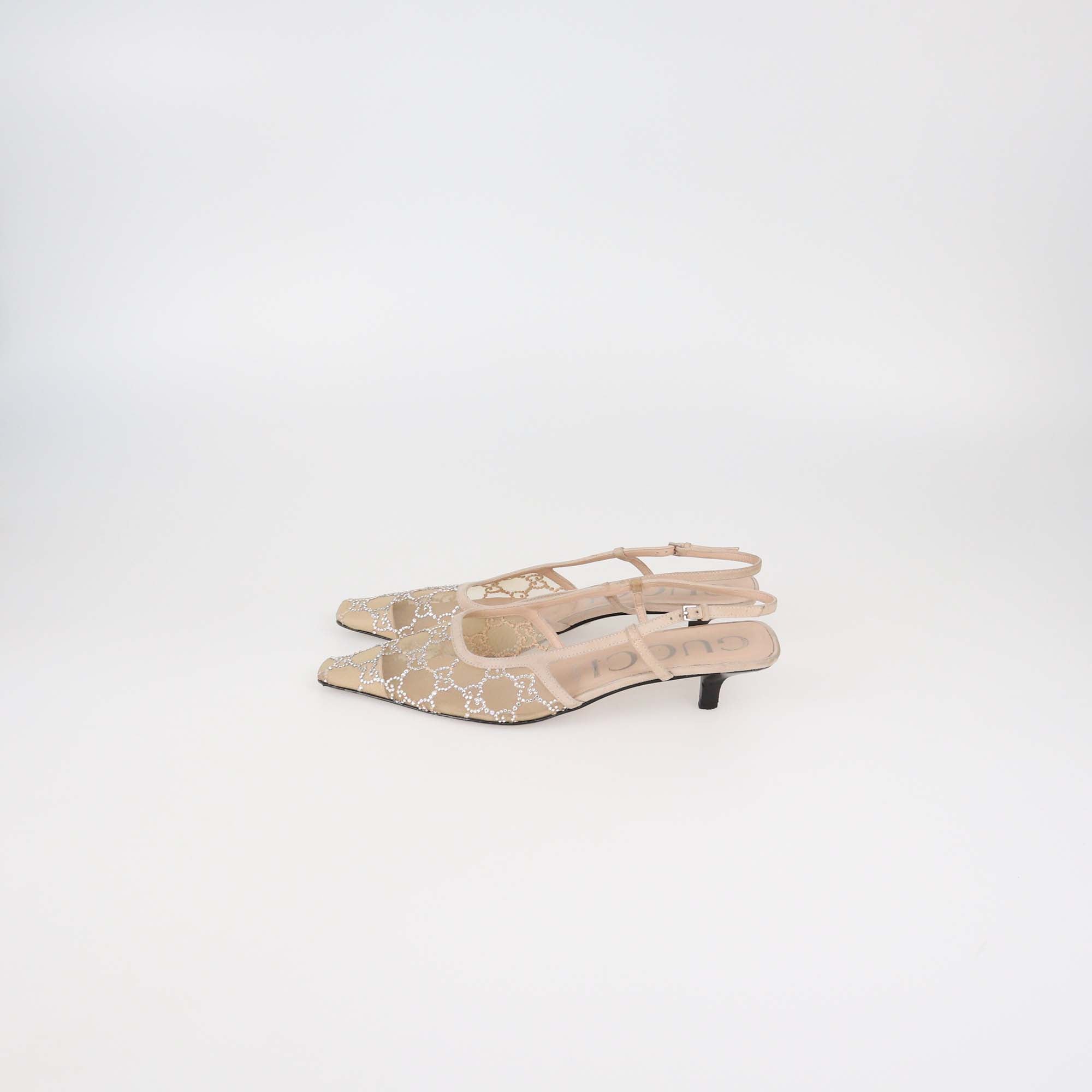 Gucci Cream Mesh And Suede GG Logo Accents Slingback Pumps