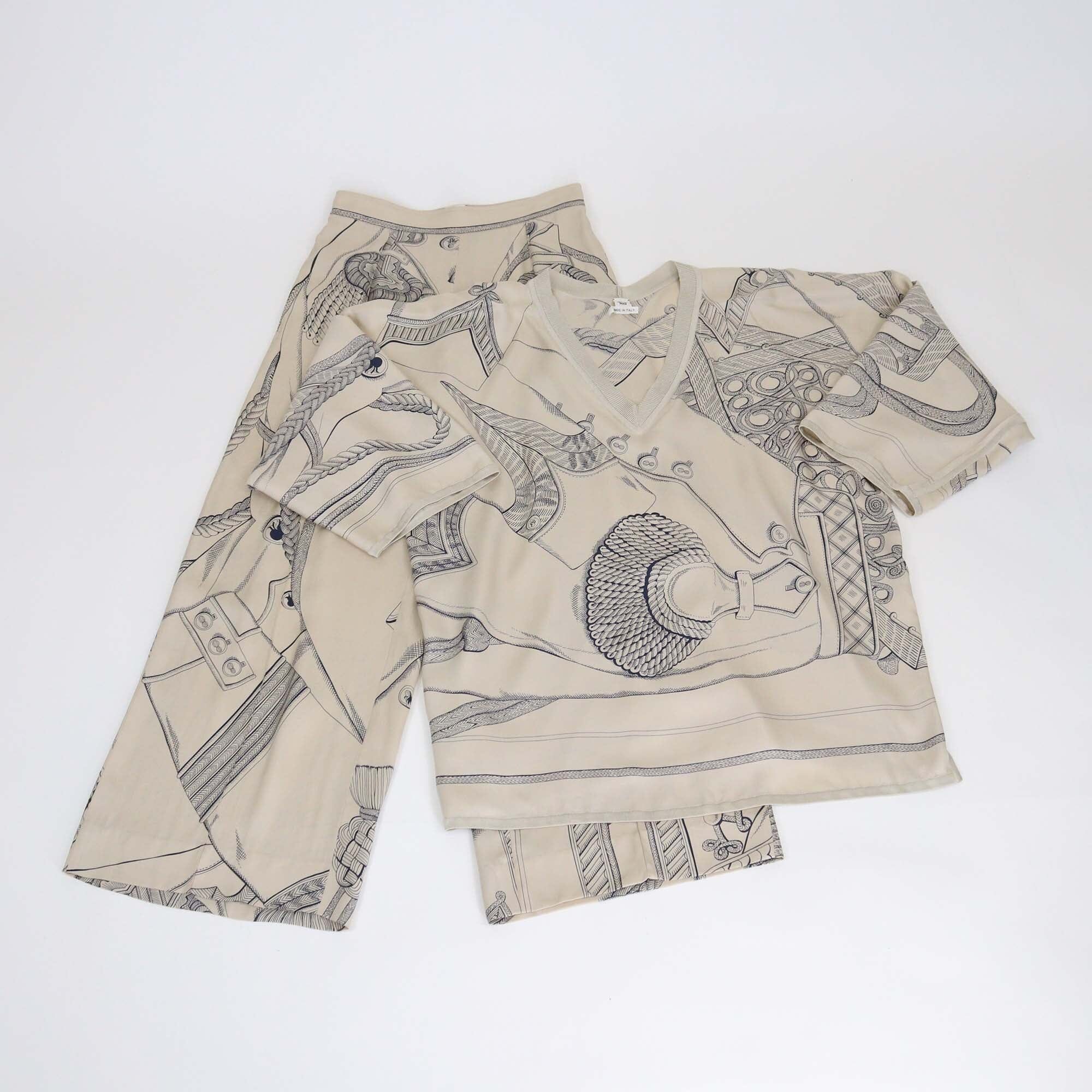 Hermes Beige/Navy Blue Vintage Rope Print Long Sleeve Loose Shirt & Pants Set Womens Hermes