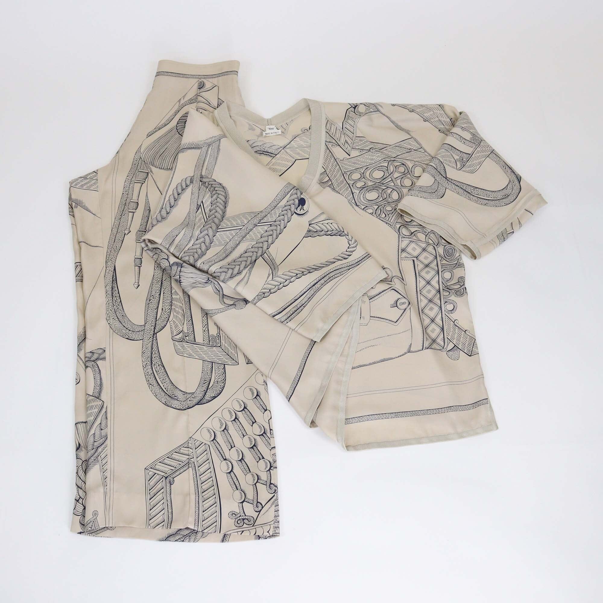 Hermes Beige/Navy Blue Vintage Rope Print Long Sleeve Loose Shirt & Pants Set Womens Hermes