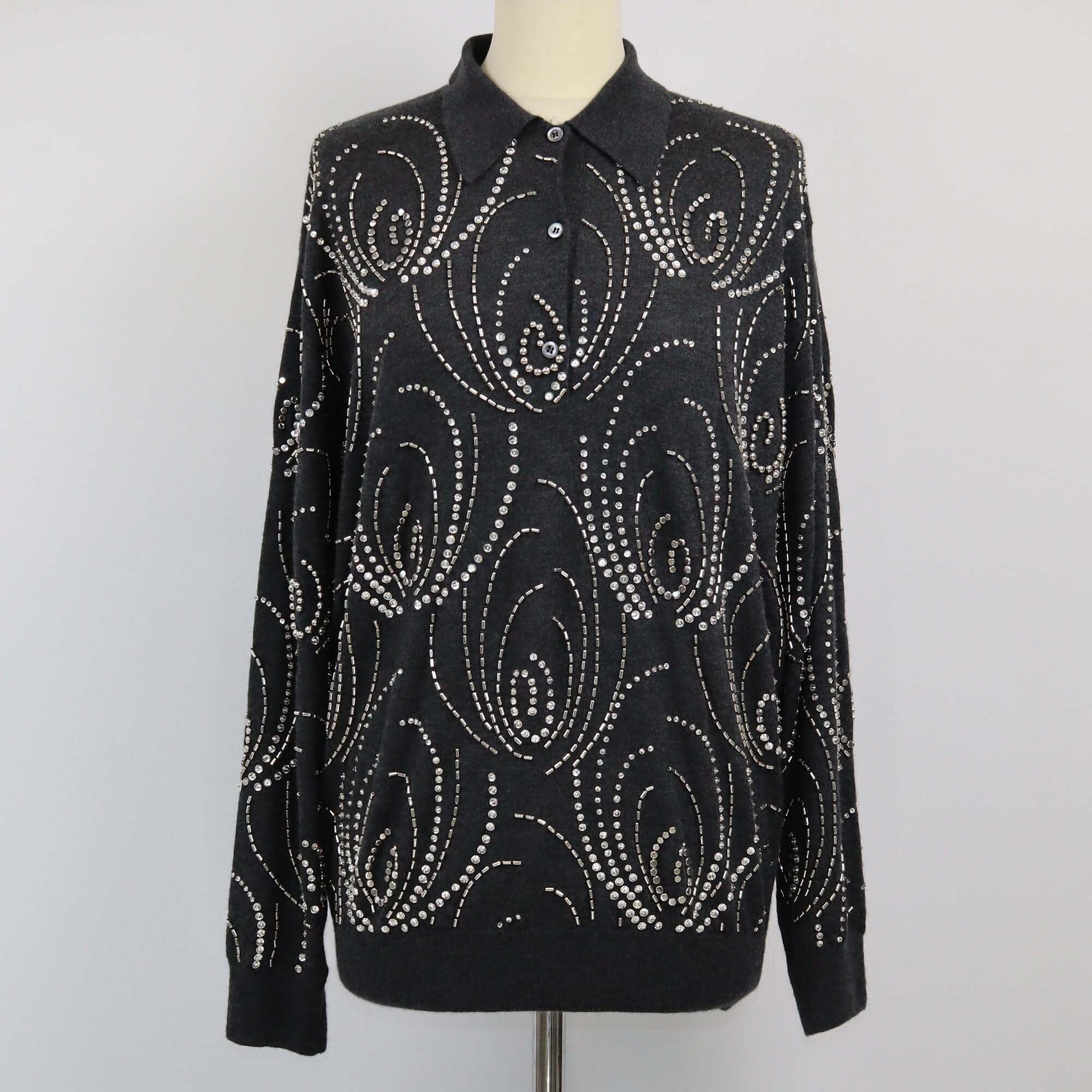 Prada Grey Crystal Embellished Longsleeve Collar Polo Shirt Womens Prada