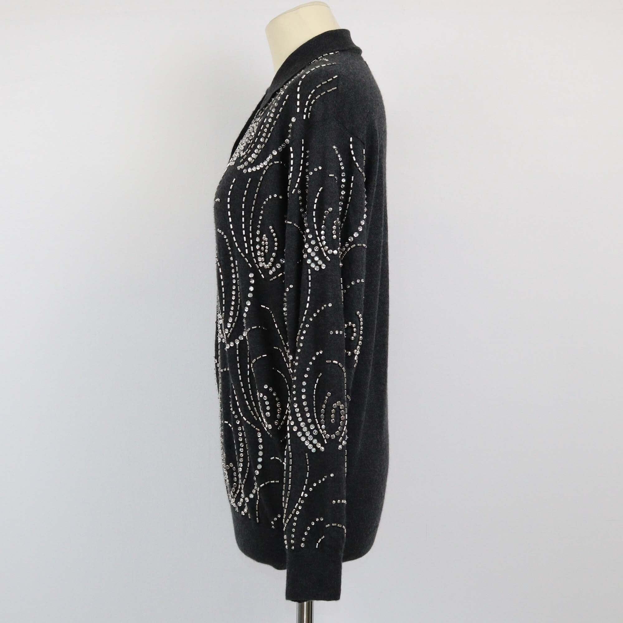 Prada Grey Crystal Embellished Longsleeve Collar Polo Shirt Womens Prada