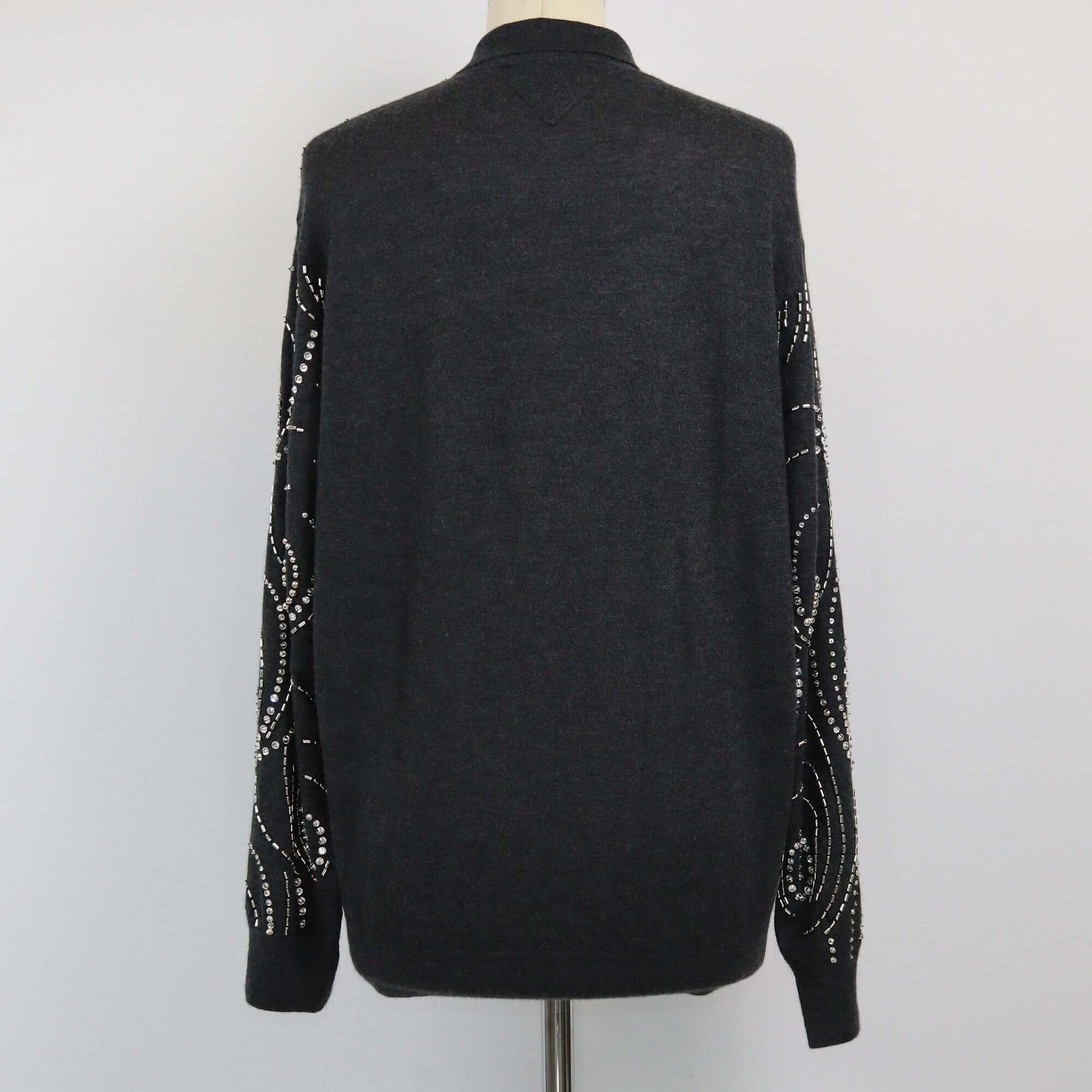 Prada Grey Crystal Embellished Longsleeve Collar Polo Shirt Womens Prada