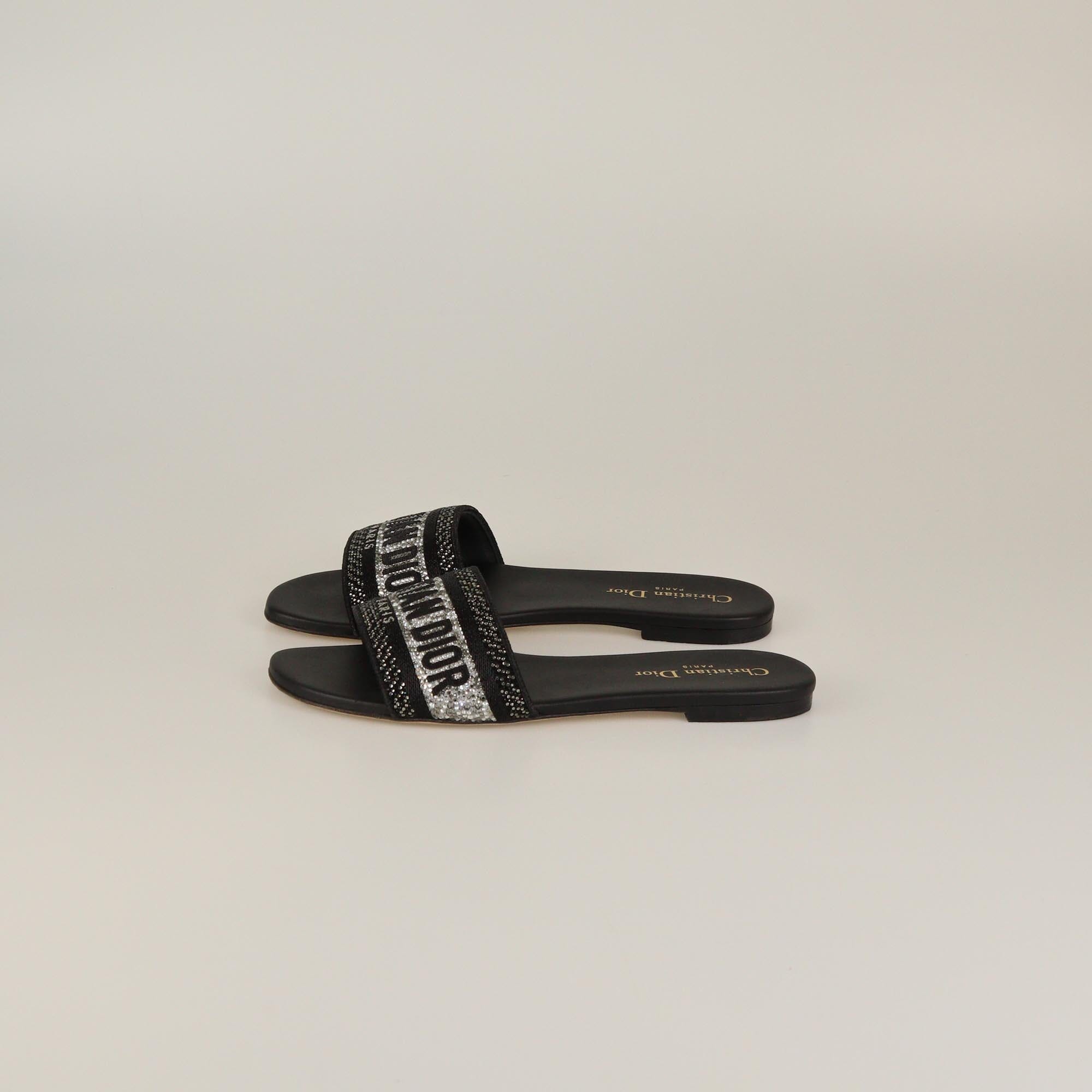 Christian Dior Black Crystal Embellished Dway Flat Slides Womens Christian Dior