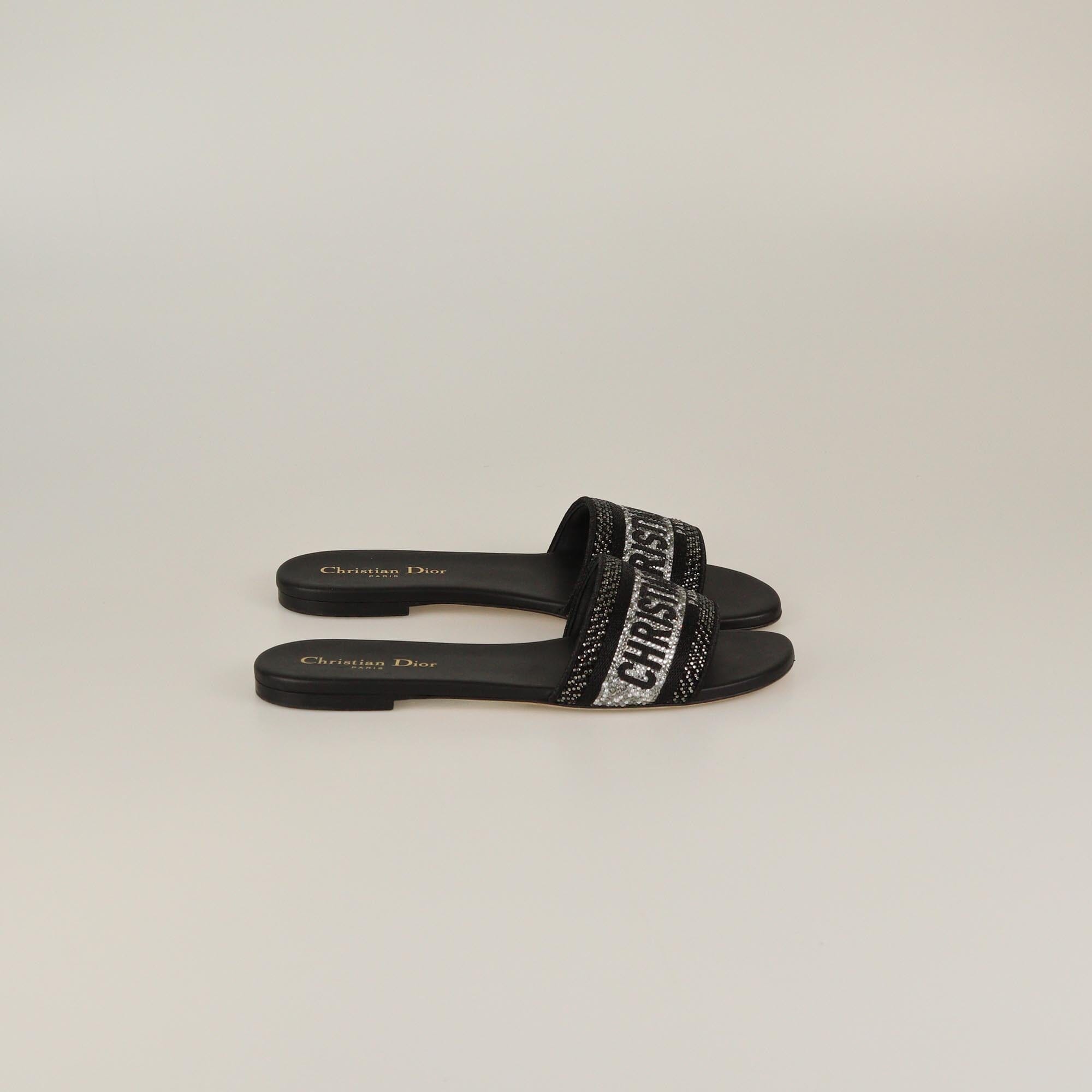 Christian Dior Black Crystal Embellished Dway Flat Slides Womens Christian Dior