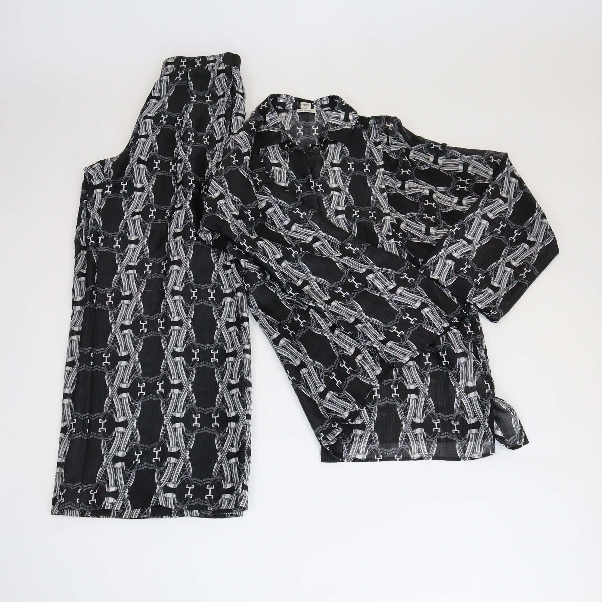 Hermes Black/White Printed Long Sleeve Shirt & Pants Set Womens Hermes