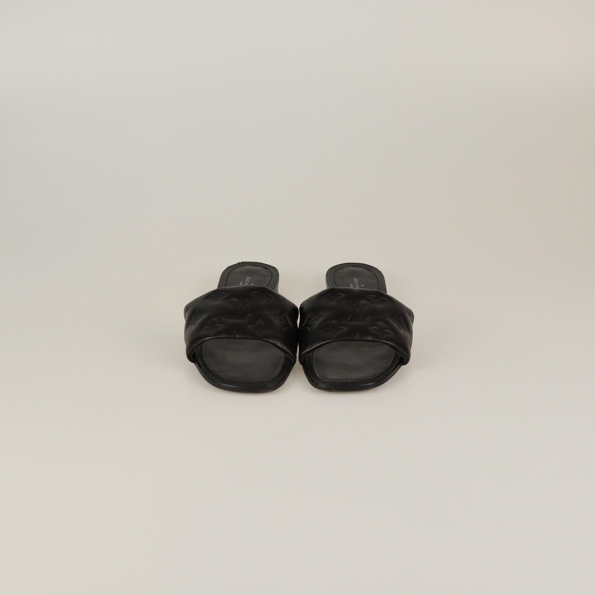 Louis Vuitton Black Monogram Embossed Revival Flat Slides Womens Louis Vuitton