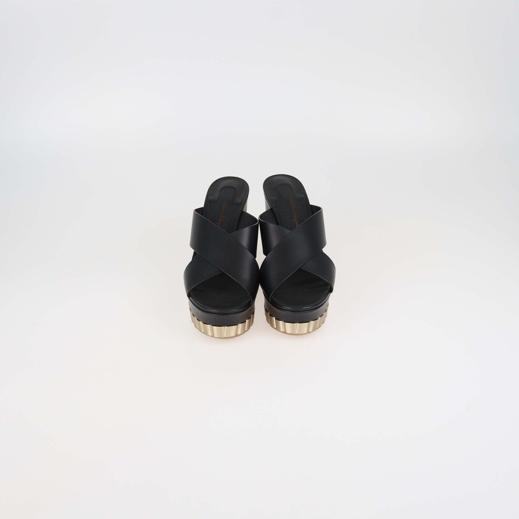 Salvatore Ferragamo Black Leather Nicosia Wedge Sandals