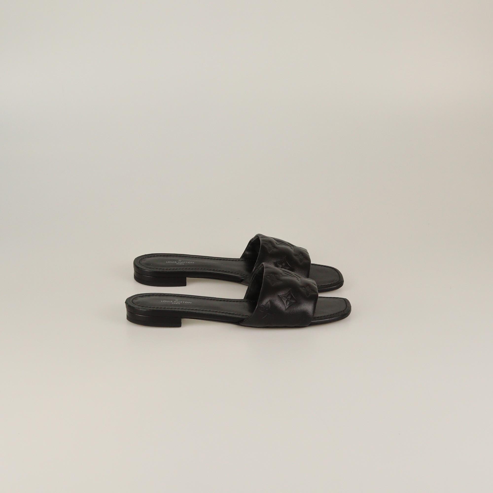 Louis Vuitton Black Monogram Embossed Revival Flat Slides Womens Louis Vuitton