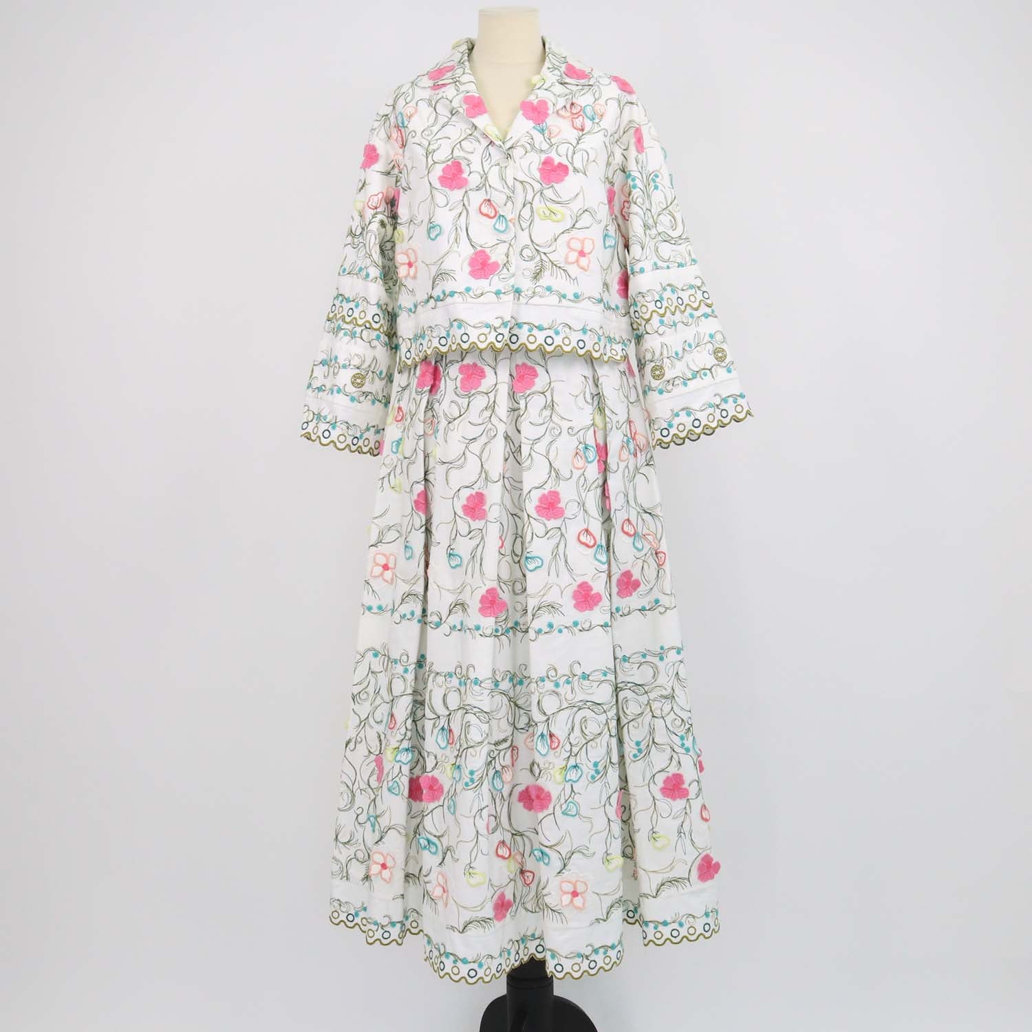 Elie Saab Multicolor Cotton Blend Floral Embroidered Jacket and Maxi Skirt Set