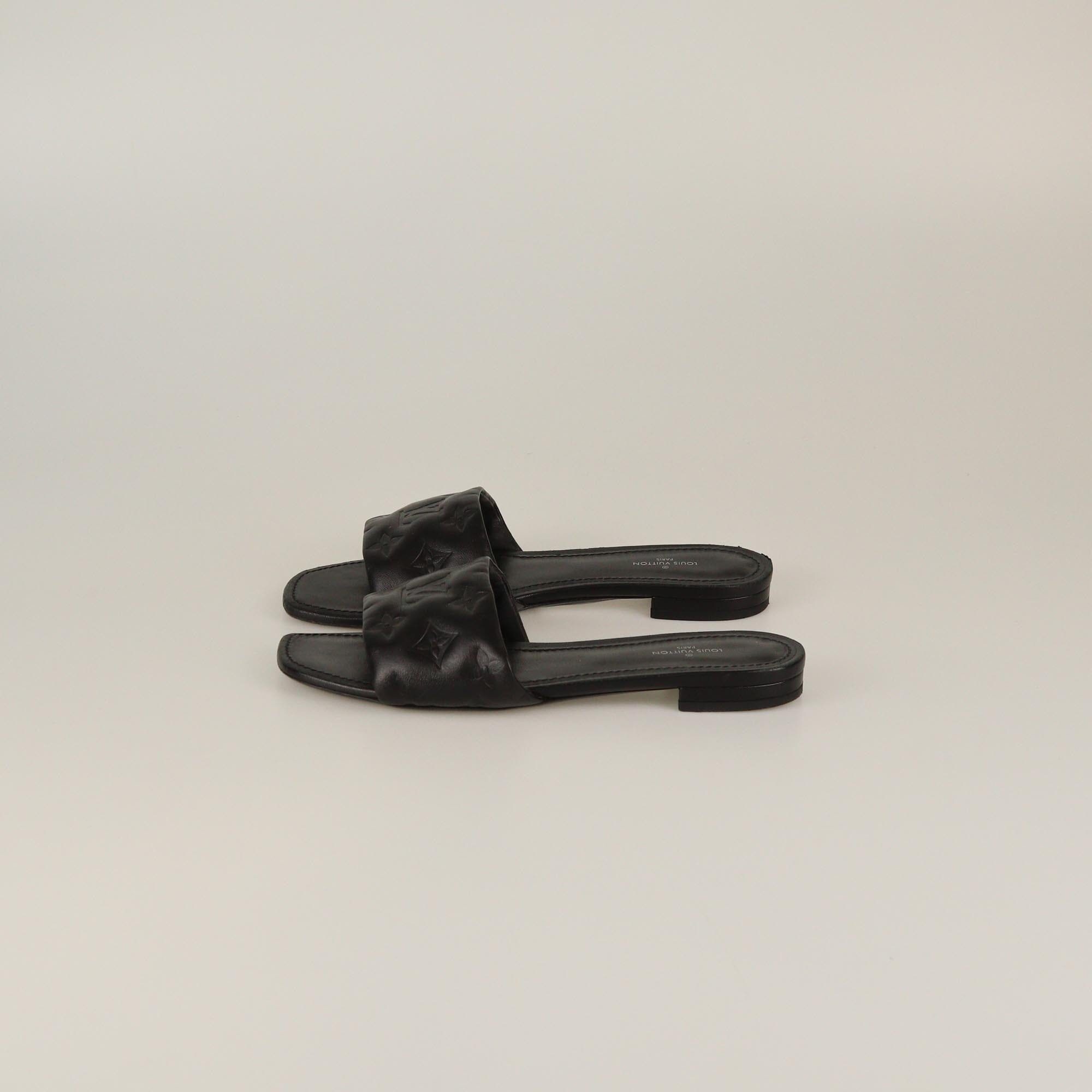 Louis Vuitton Black Monogram Embossed Revival Flat Slides Womens Louis Vuitton