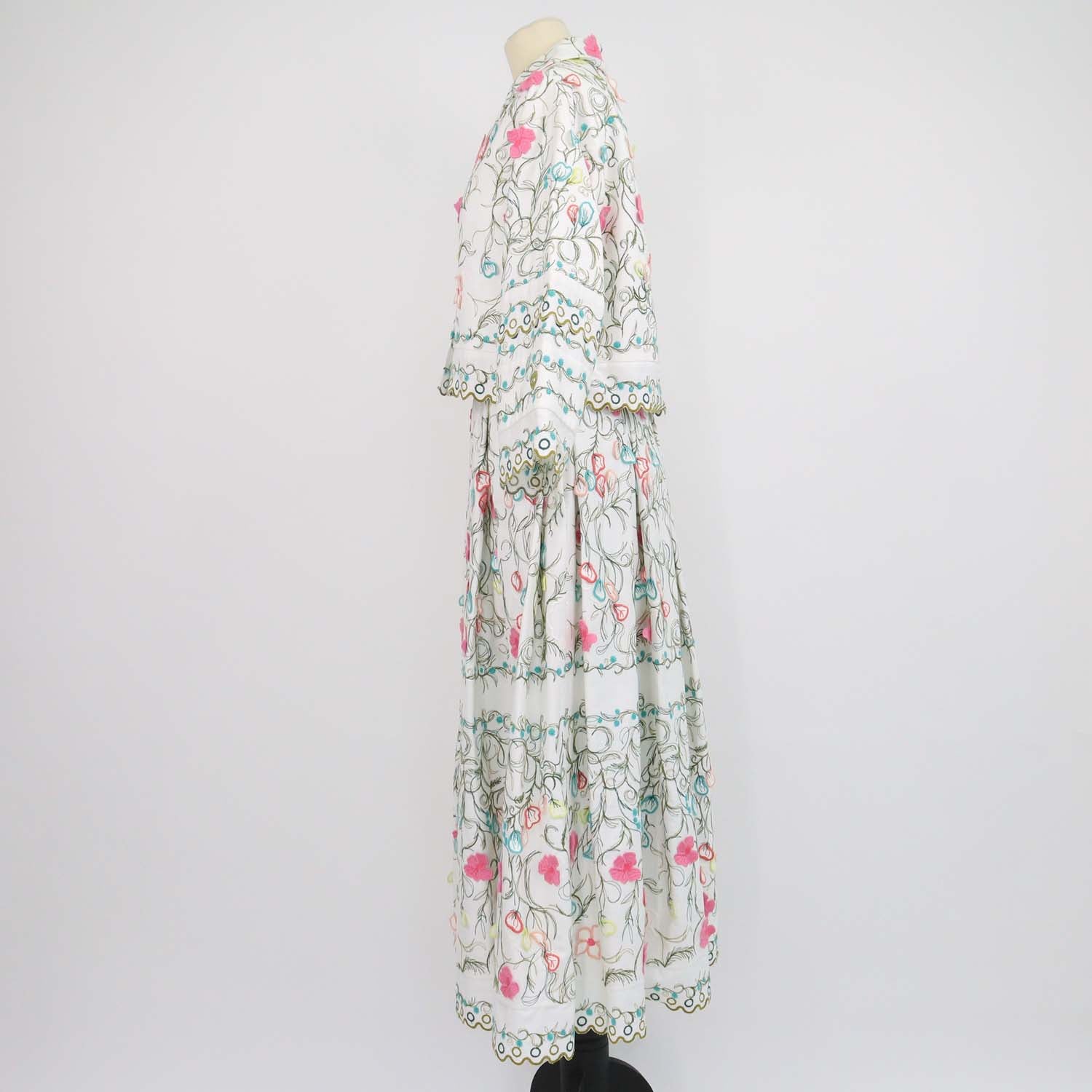 Elie Saab Multicolor Cotton Blend Floral Embroidered Jacket and Maxi Skirt Set