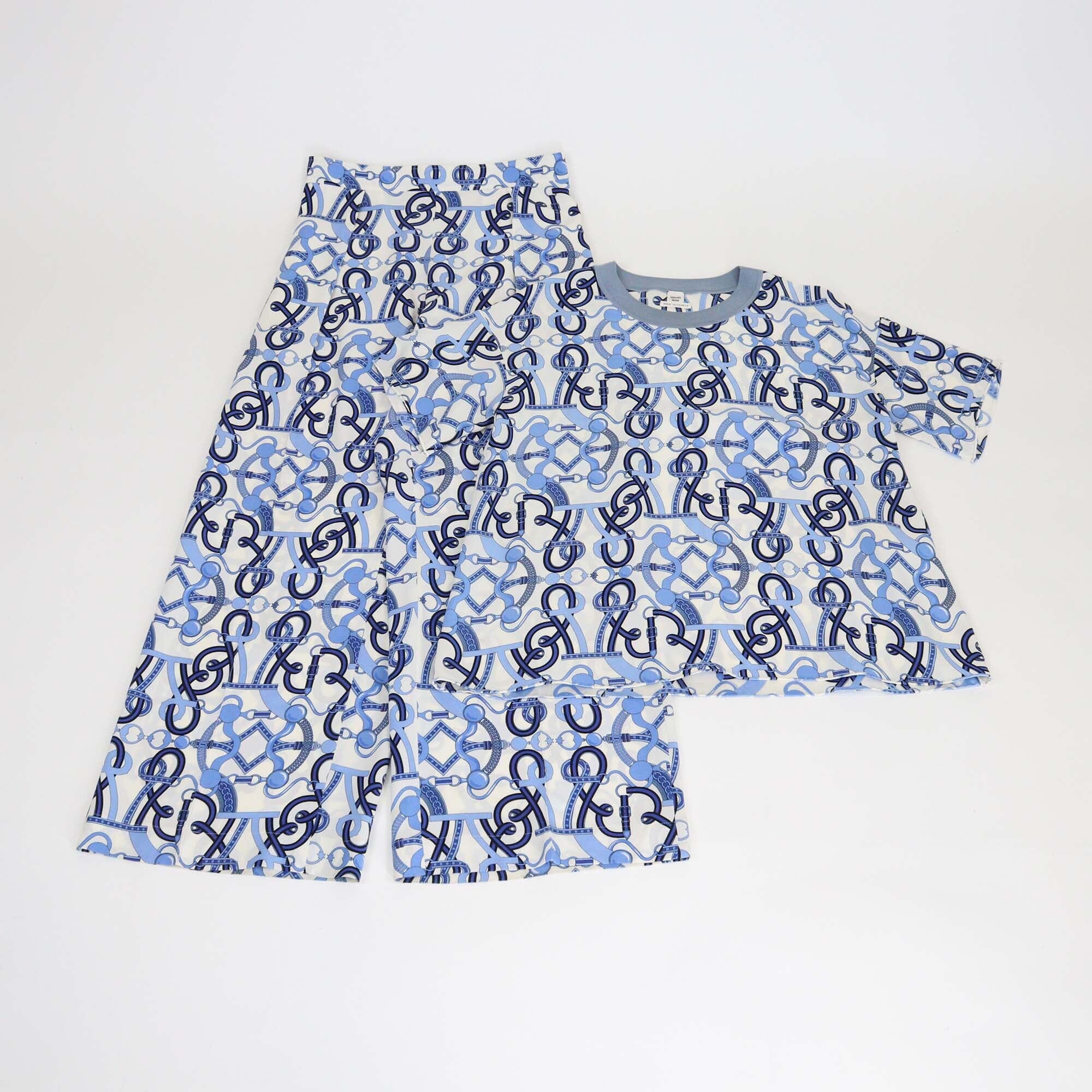 Hermes Blue/White Printed Crew Neck Top & Pants Set Womens Hermes