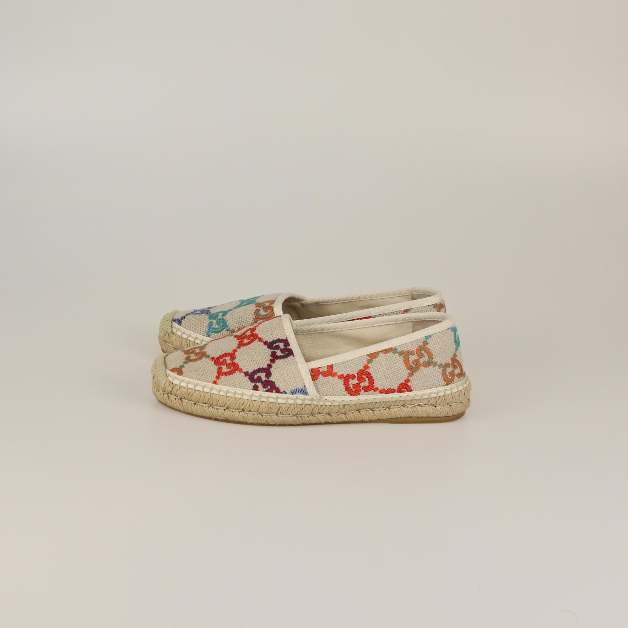 Gucci Beige/Multicolor GG Espadrille Flats Womens Gucci