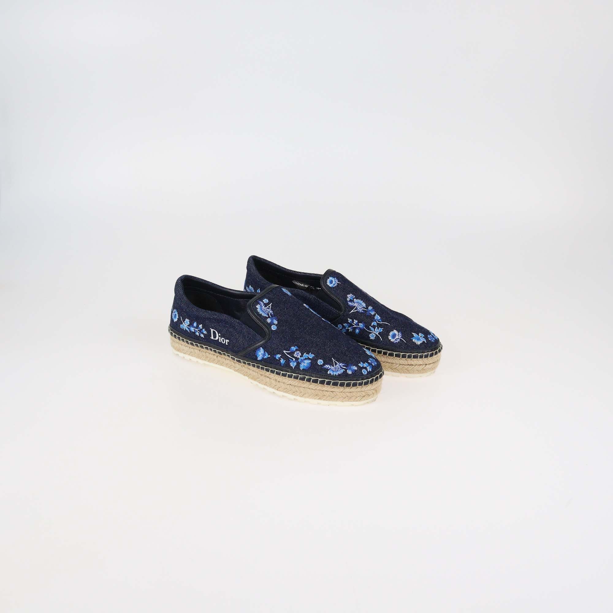 Christian Dior Dark Blue Denim Floral Embroidered Prairie Espadrille Slip On Sneakers