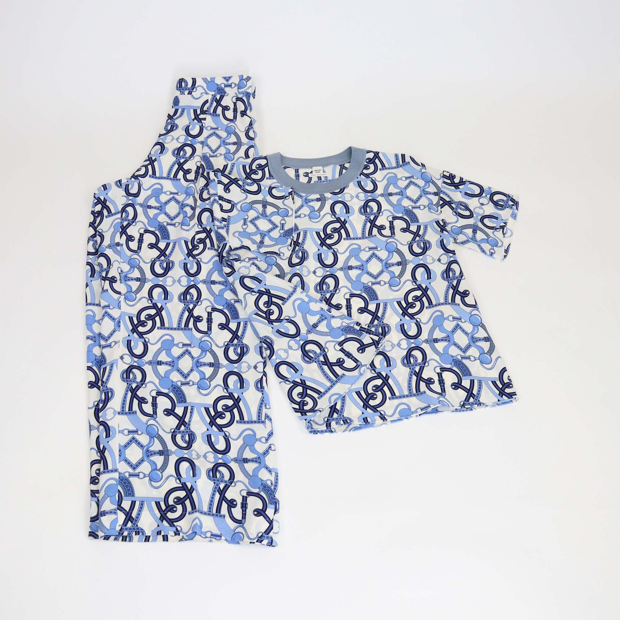 Hermes Blue/White Printed Crew Neck Top & Pants Set Womens Hermes