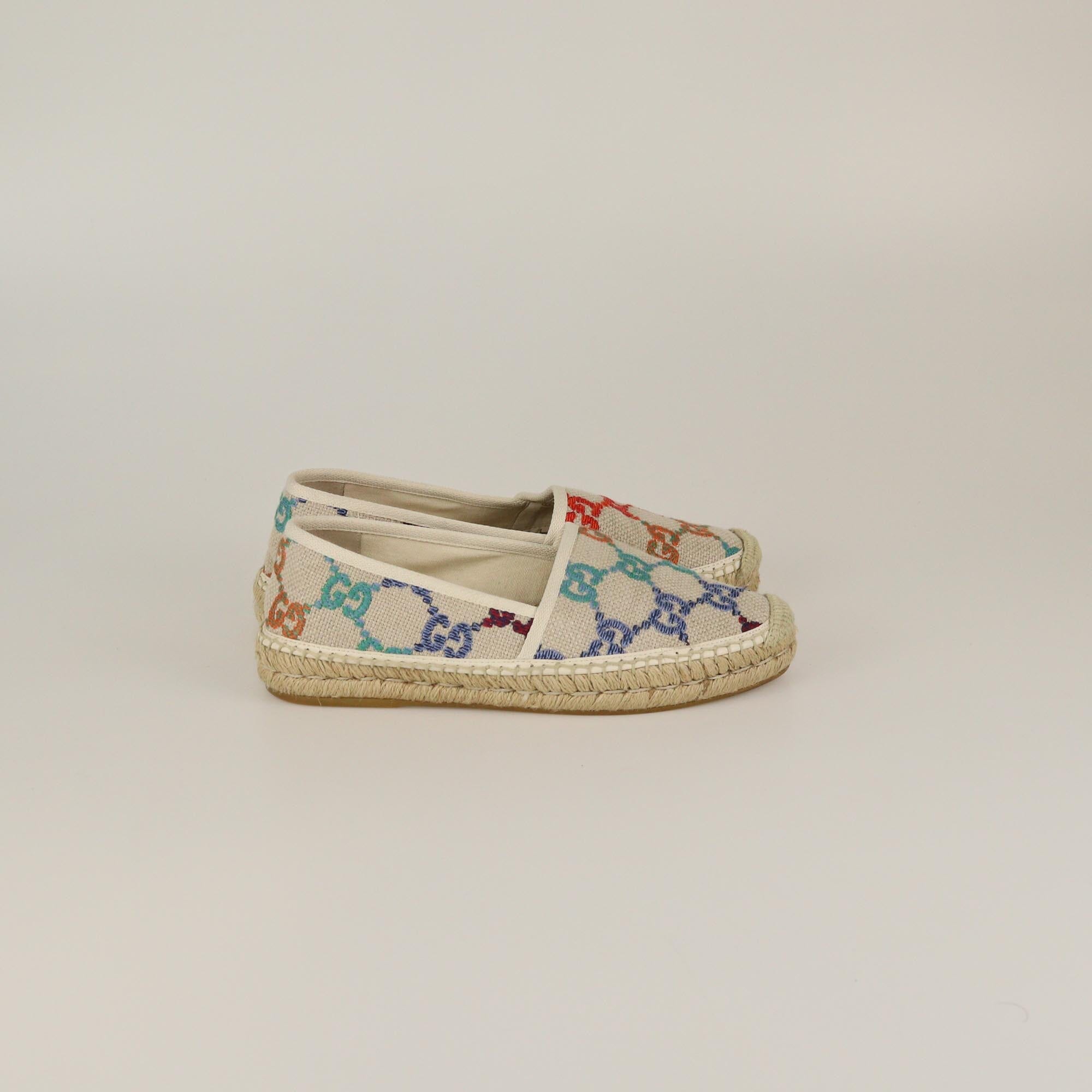 Gucci Beige/Multicolor GG Espadrille Flats Womens Gucci