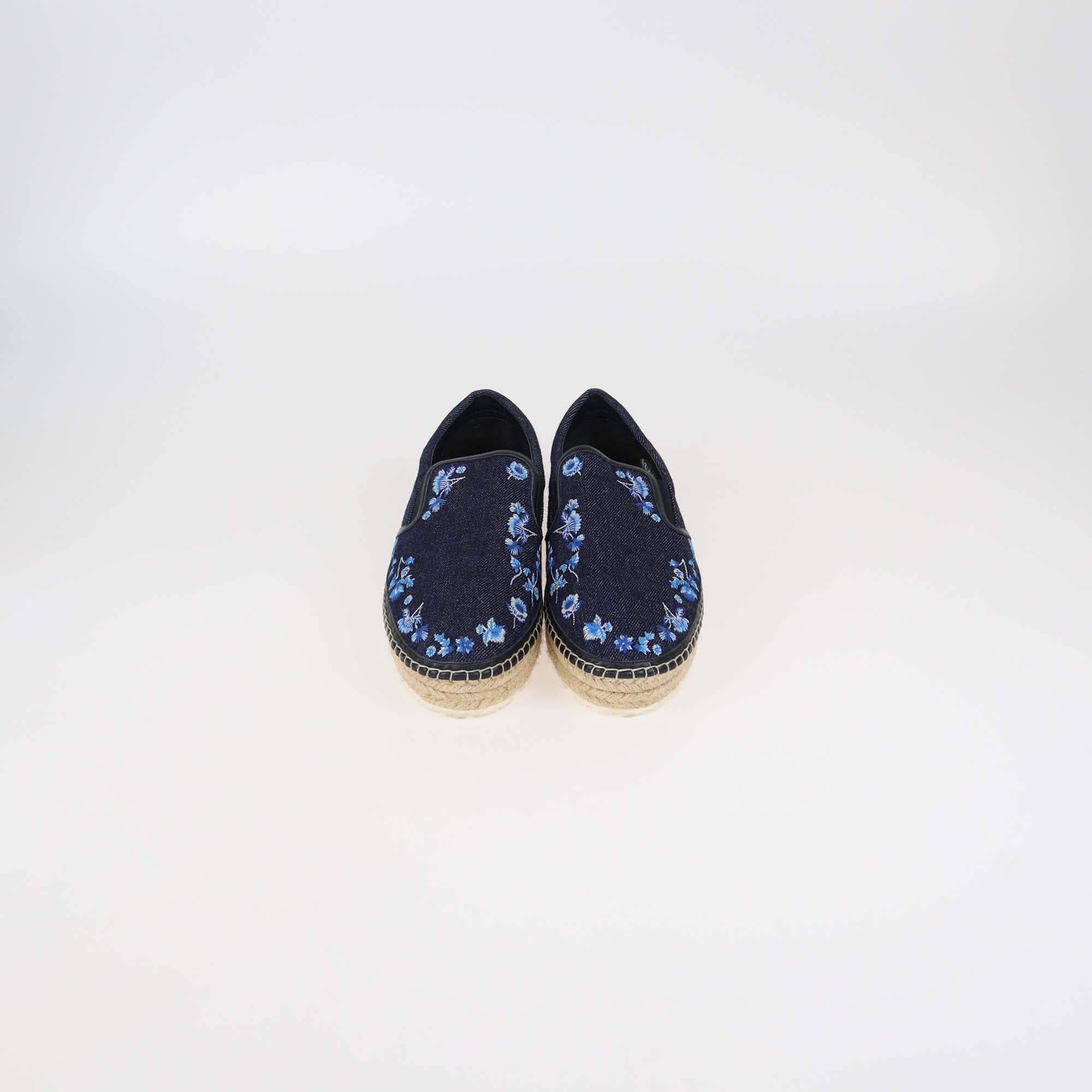 Christian Dior Dark Blue Denim Floral Embroidered Prairie Espadrille Slip On Sneakers