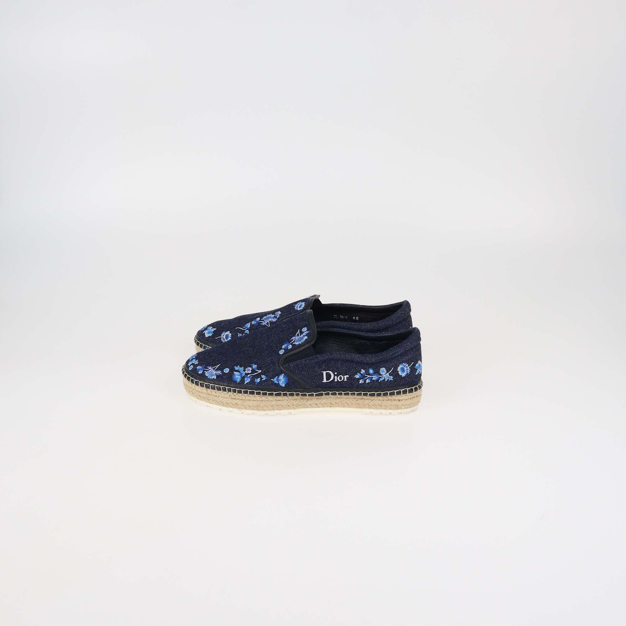 Christian Dior Dark Blue Denim Floral Embroidered Prairie Espadrille Slip On Sneakers