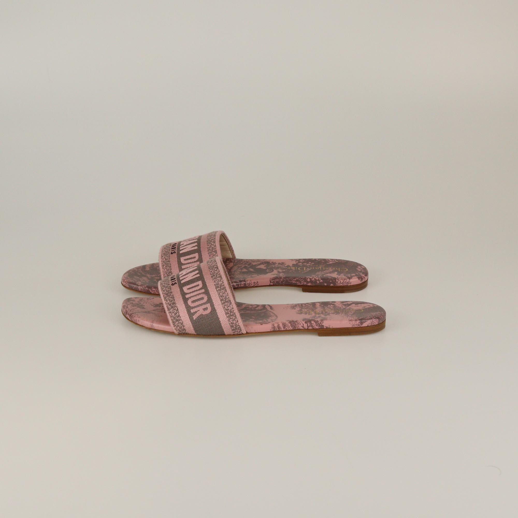 Christian Dior Light Pink Toile De Jouy Embroidered Dway Flat Slide Womens Christian Dior