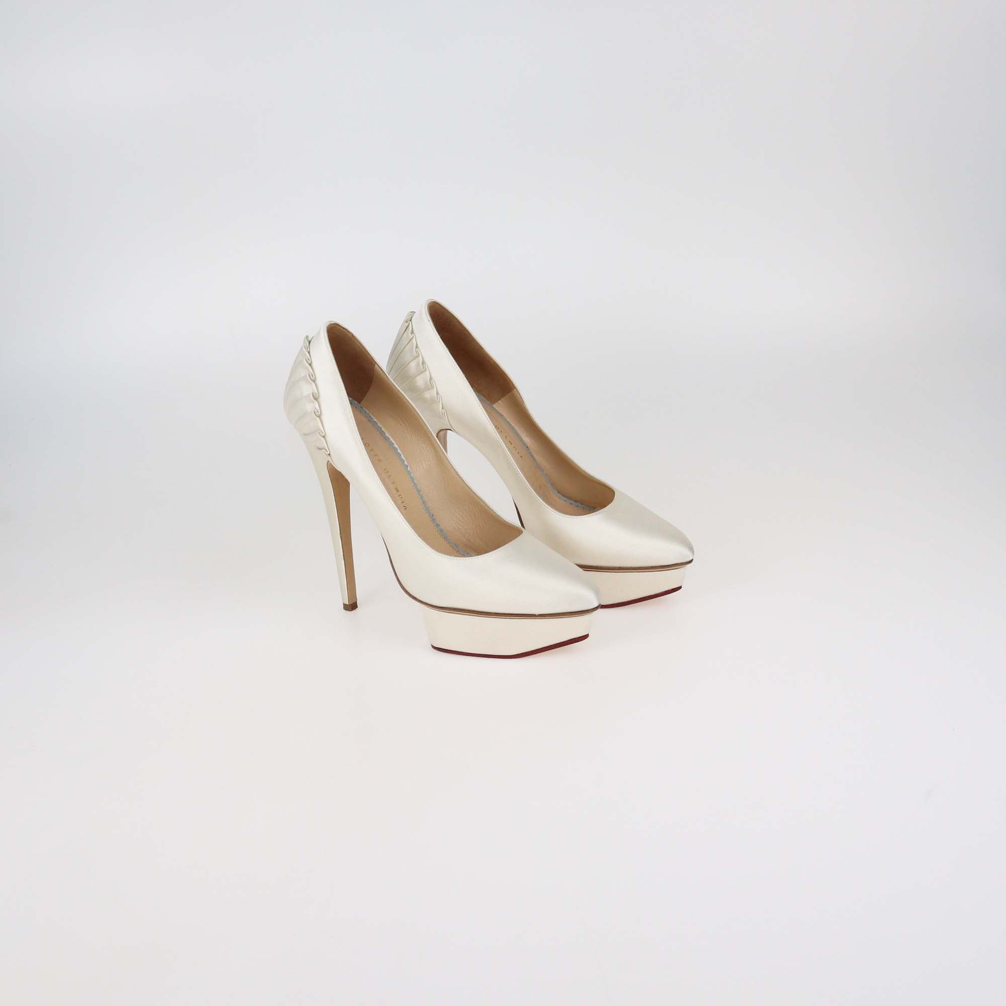 Charlotte Olympia White Satin Paloma Platform Pumps
