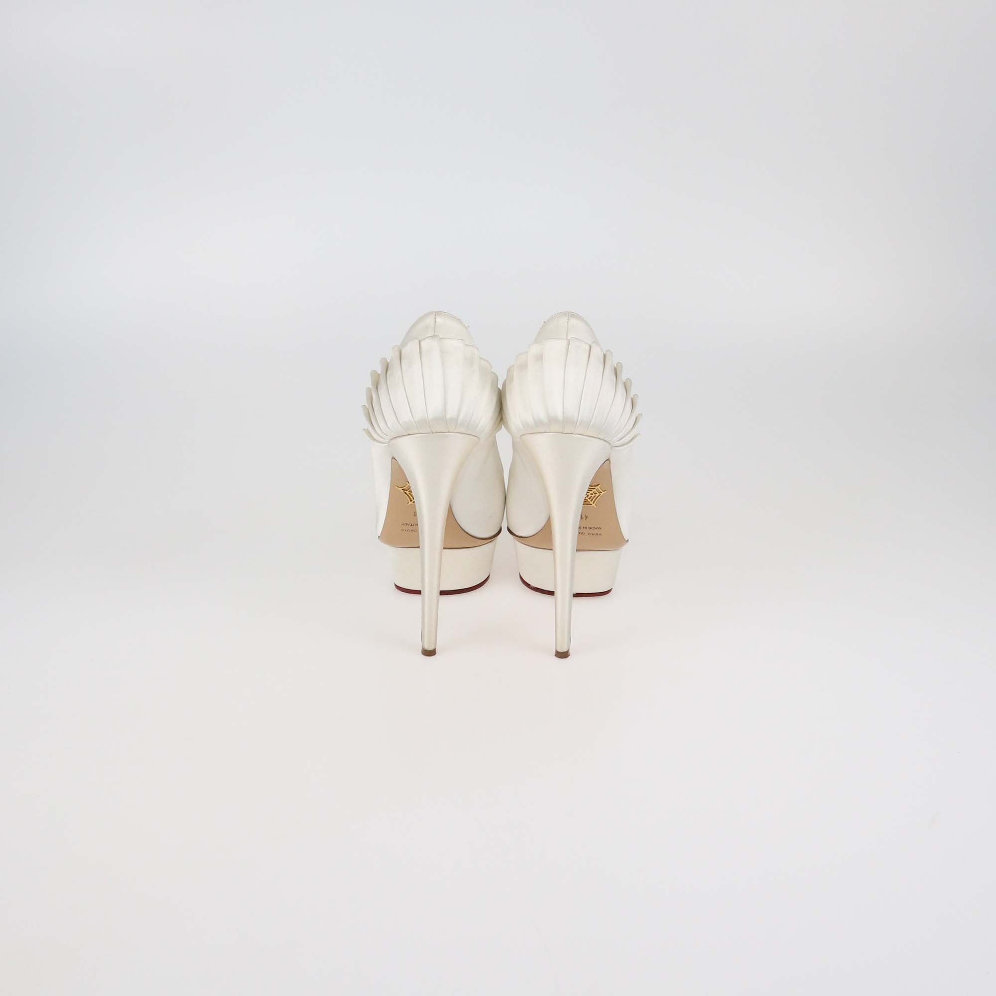 Charlotte Olympia White Satin Paloma Platform Pumps