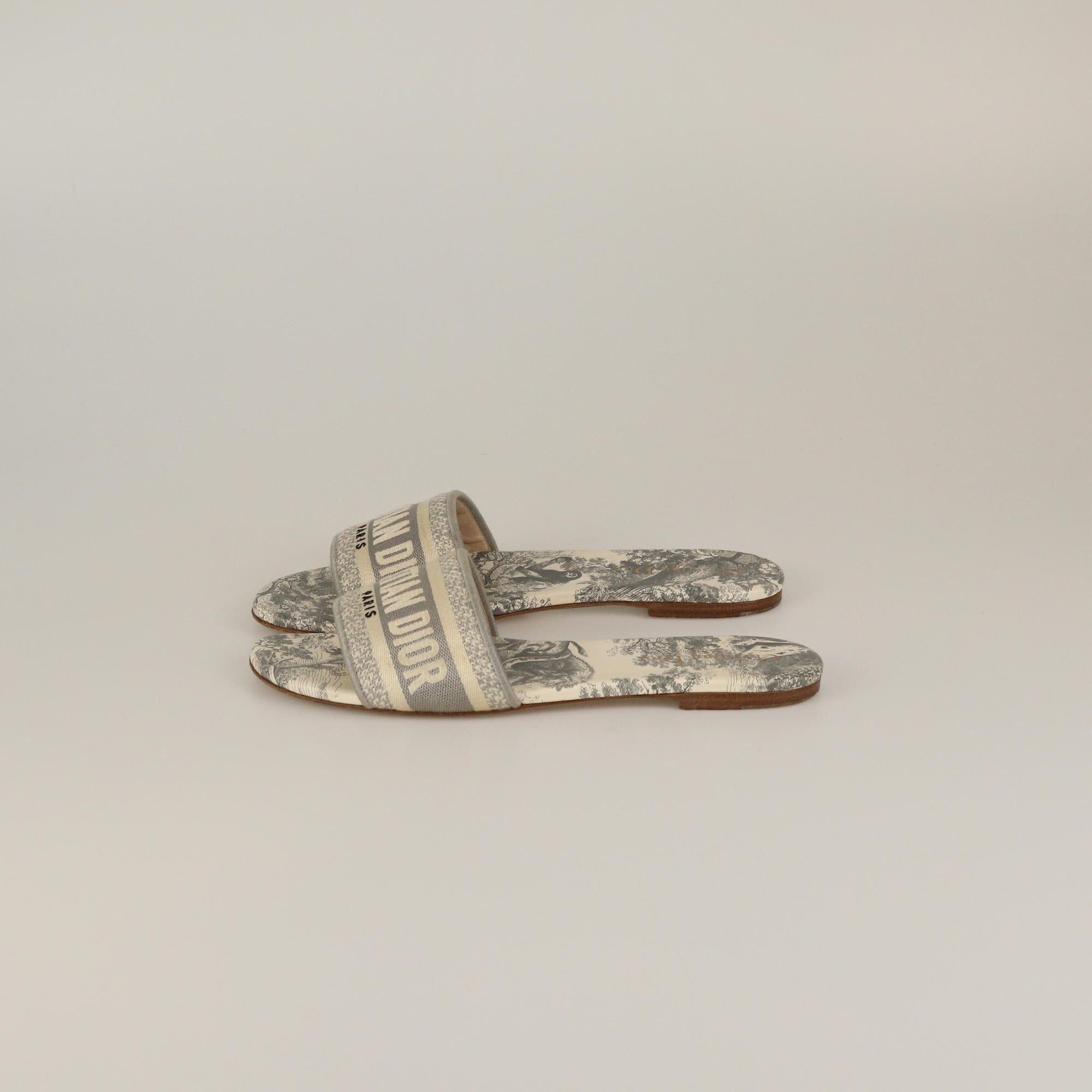 Christian Dior Off White/Grey Toile De Jouy Embroidered Dway Flat Slide Womens Christian Dior
