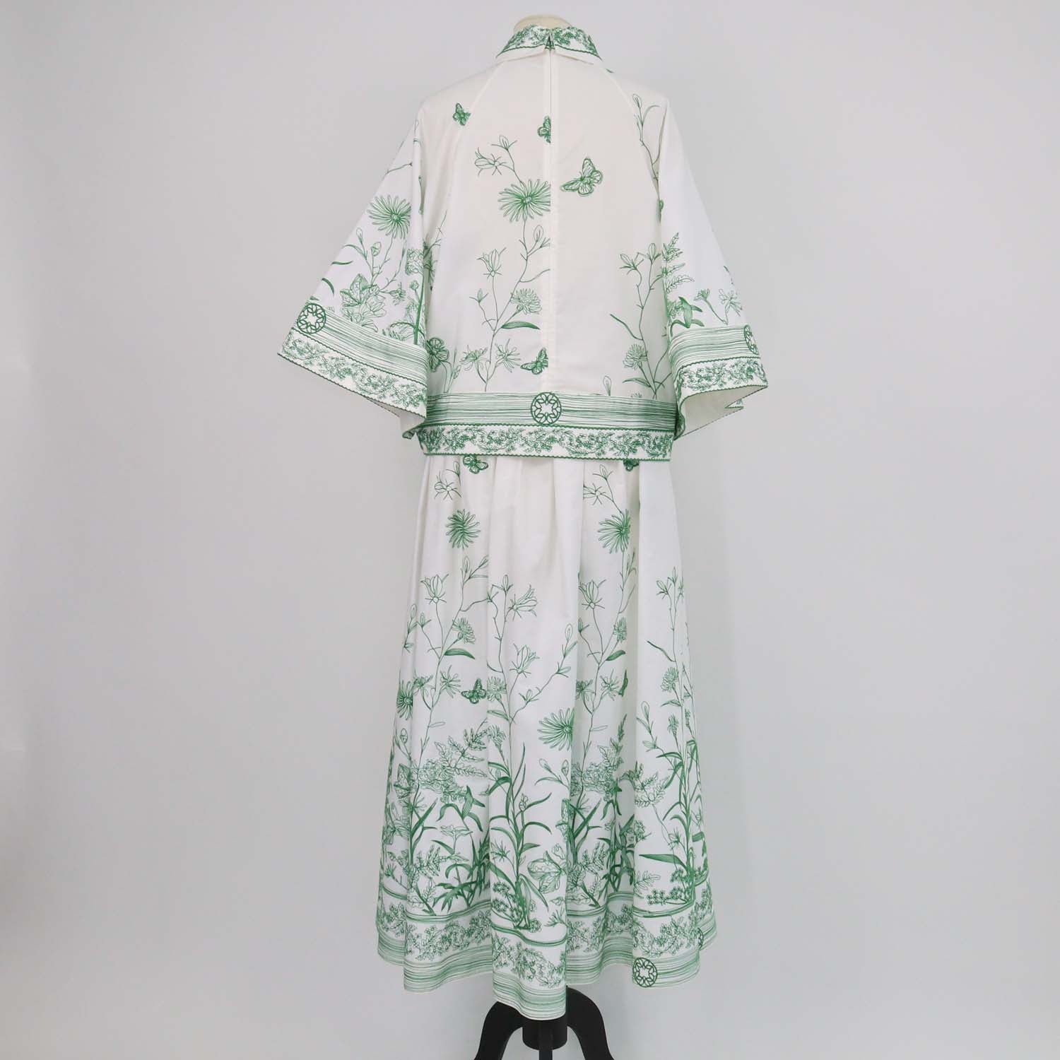 Elie Saab White, Green Cotton Blend Floral Embroidered Poplin Shirt and Maxi Skirt Set