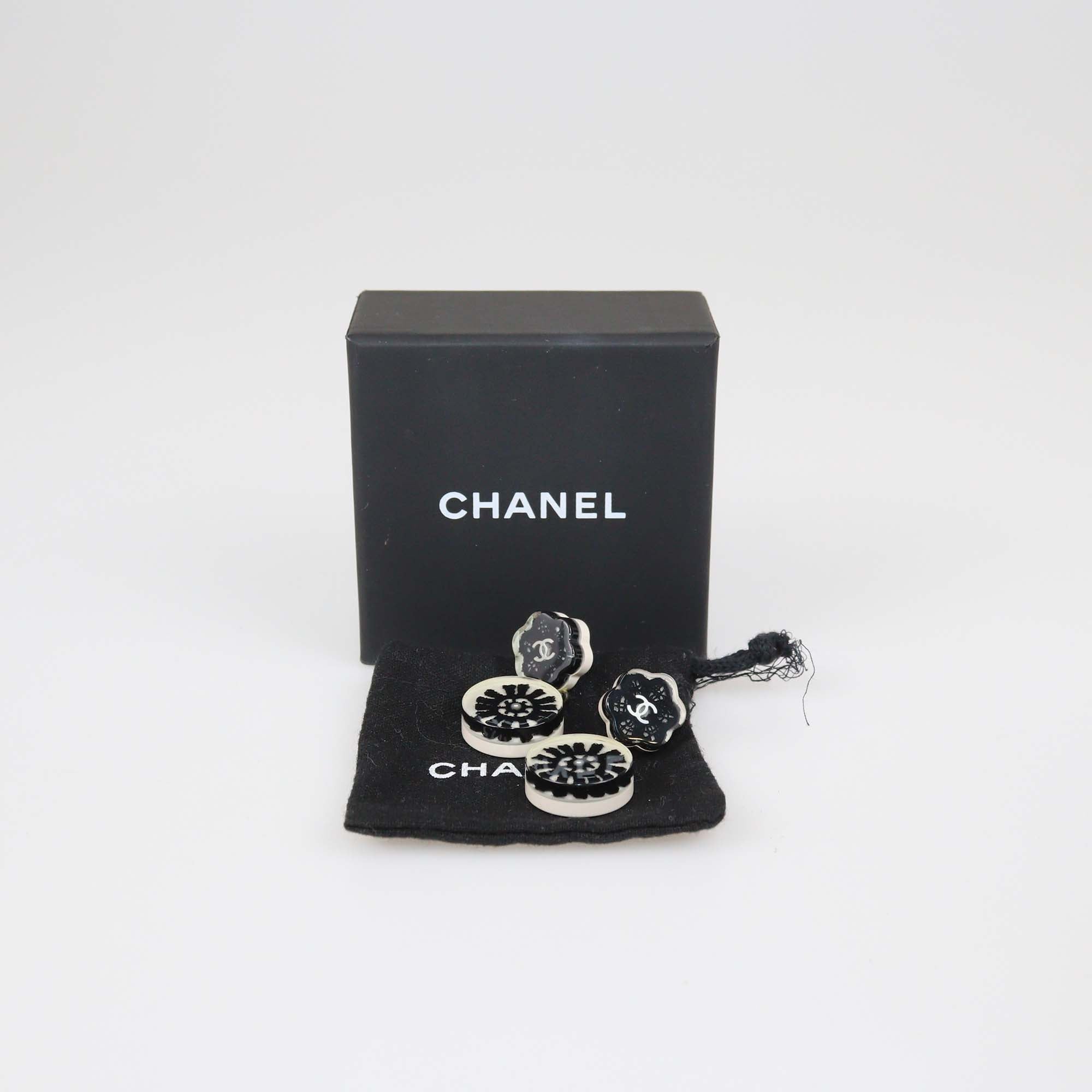 Chanel Black/White Resin Coco Mark Camellia Drop Earrings