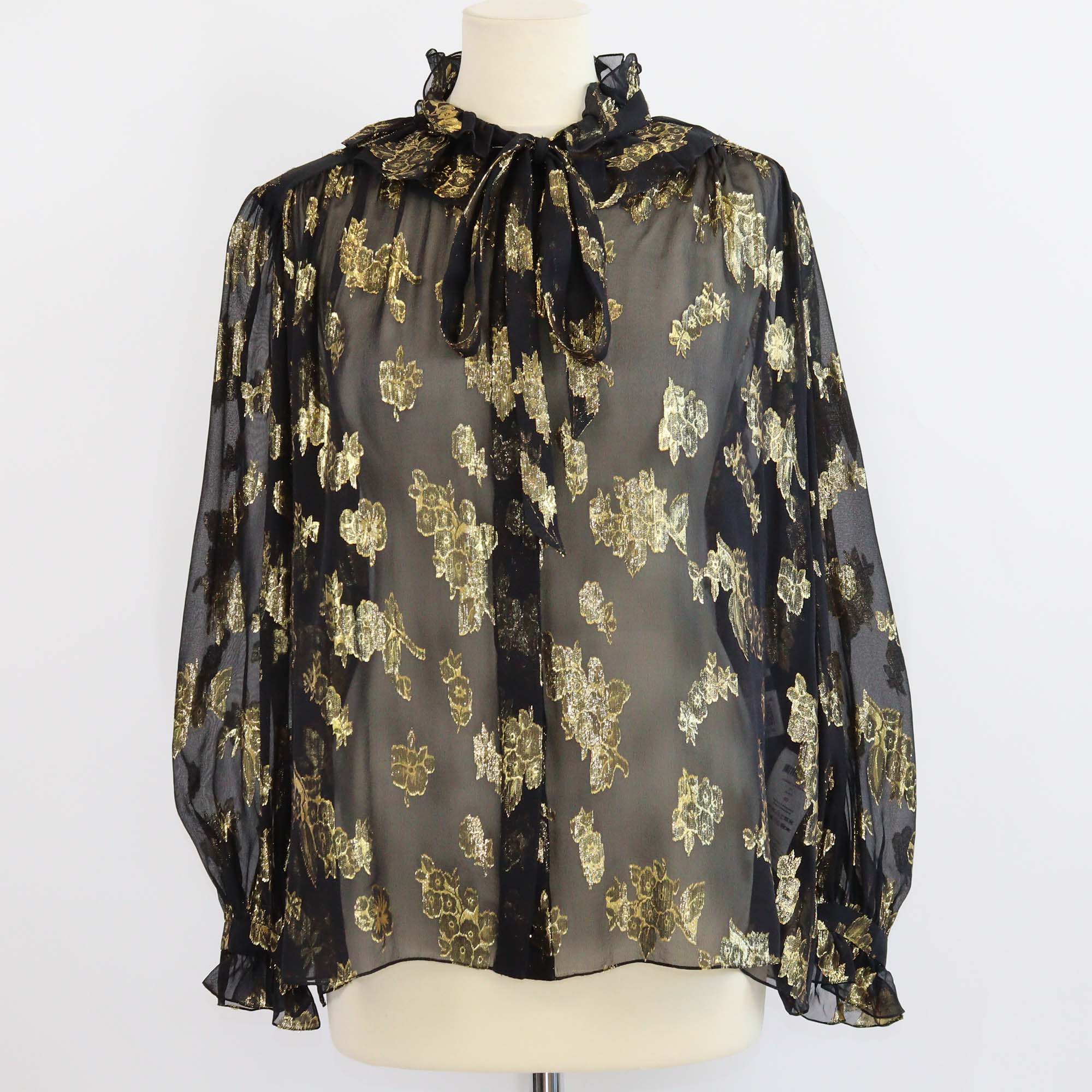 Chloe Black Gold Silk-Blend Metallic Floral Jacquard Blouse