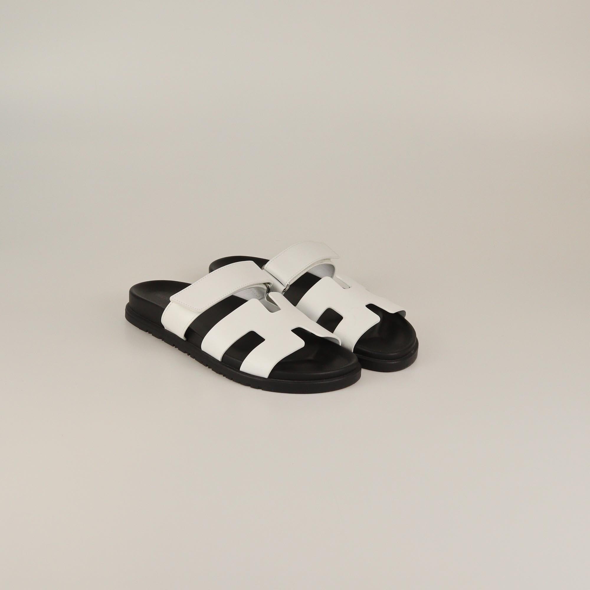 Hermes White/Black Chypre Flat Sandals Womens Hermes