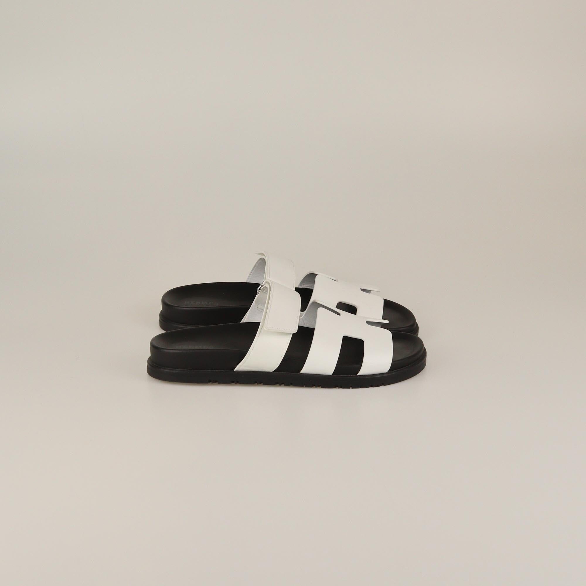 Hermes White/Black Chypre Flat Sandals Womens Hermes