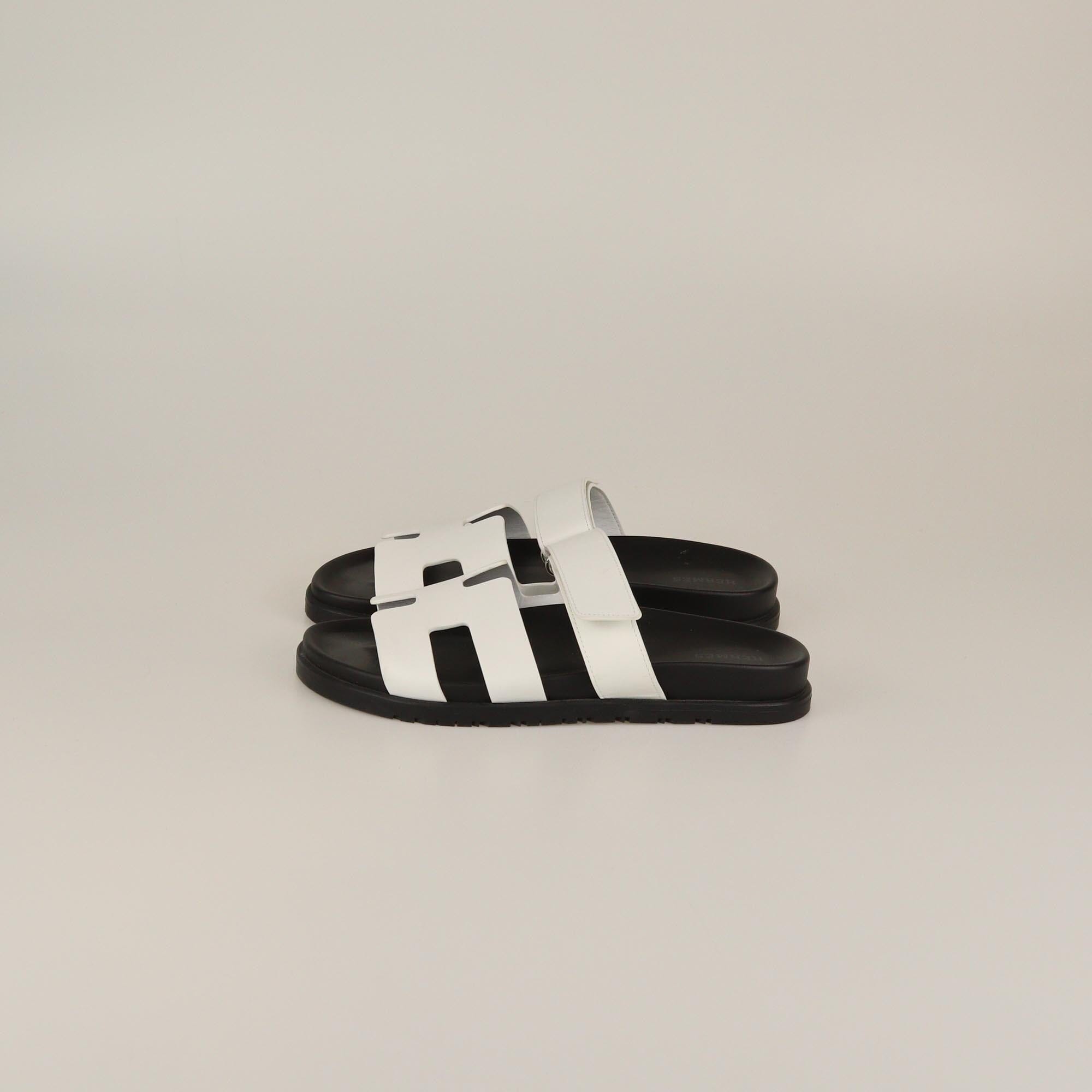 Hermes White/Black Chypre Flat Sandals Womens Hermes