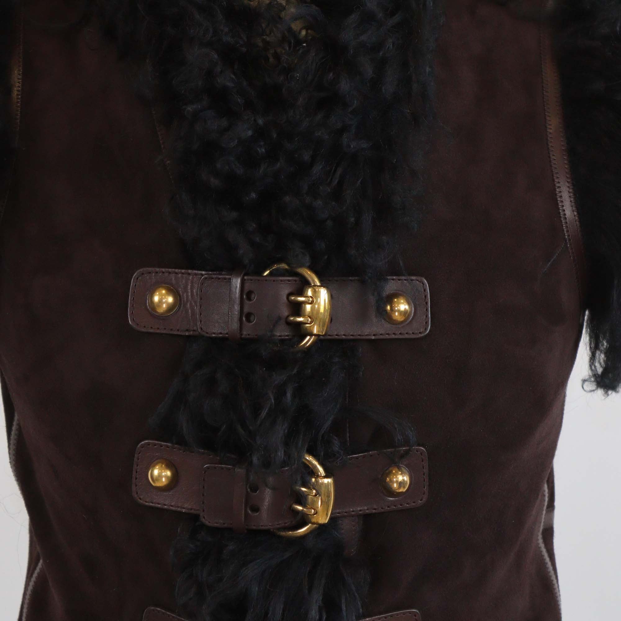 Gucci Brown Suede Shearling Buckled Sleeveless Vest