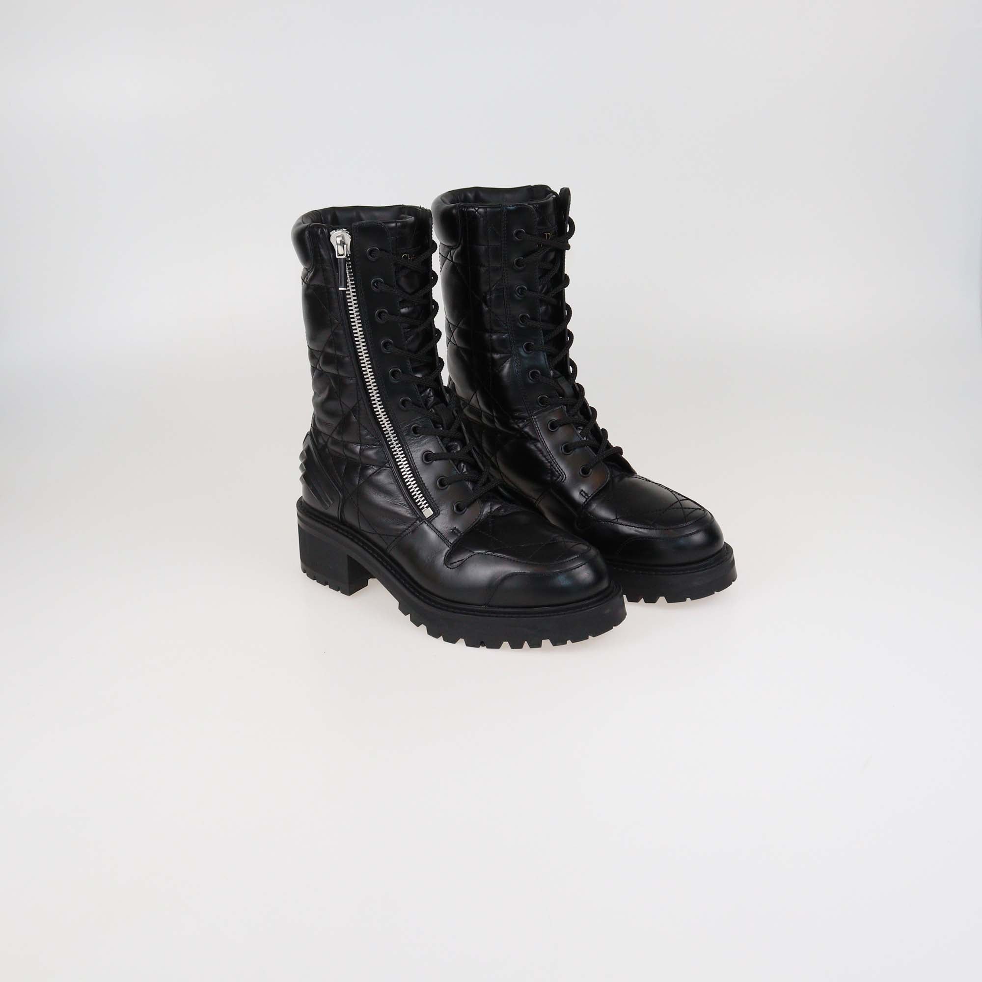 Christian Dior Black Cannage Leather D-Leader Combat Boots