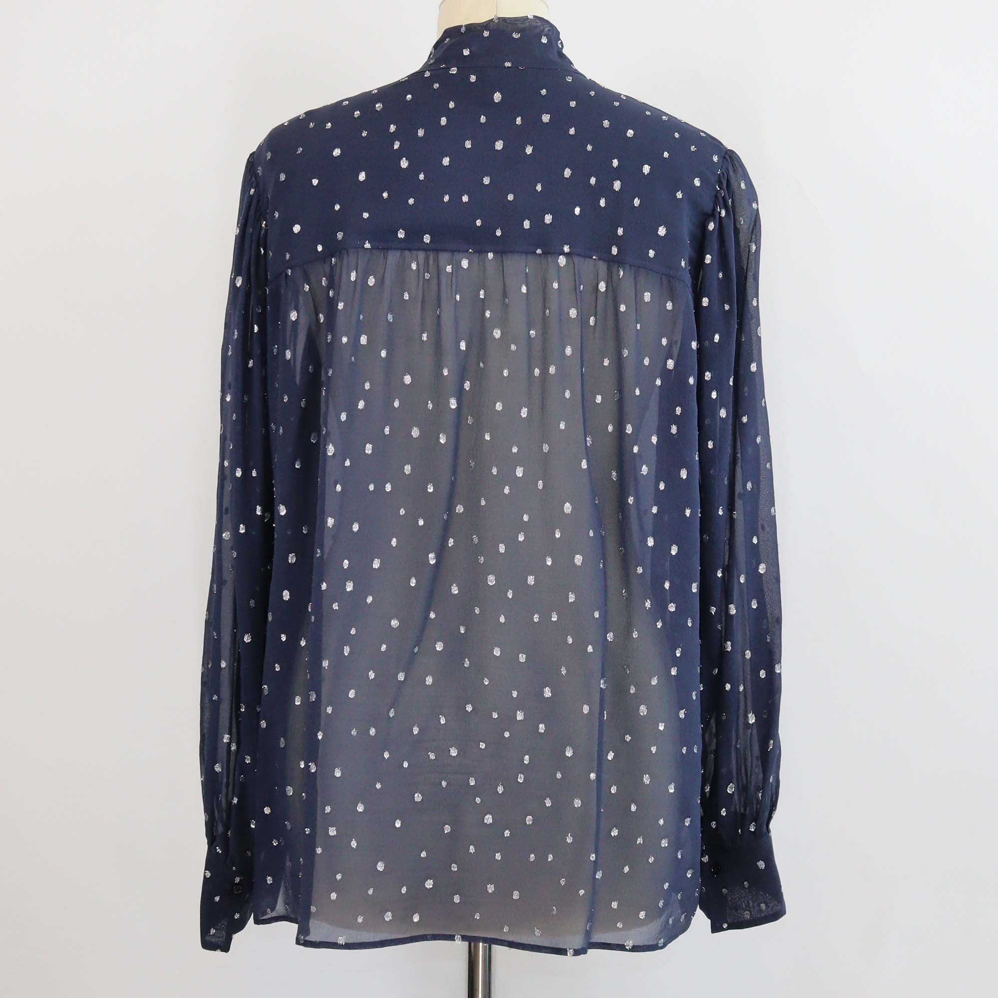 Chloe Navy Blue Silk Metallic Dot Jacquard Blouse