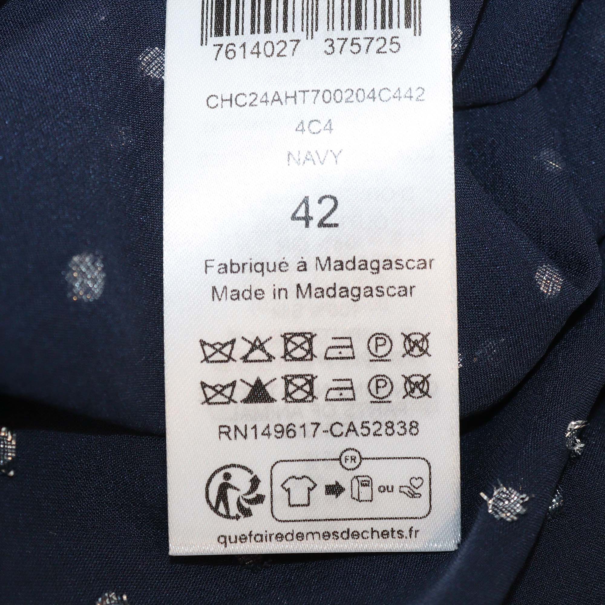 Chloe Navy Blue Silk Metallic Dot Jacquard Blouse
