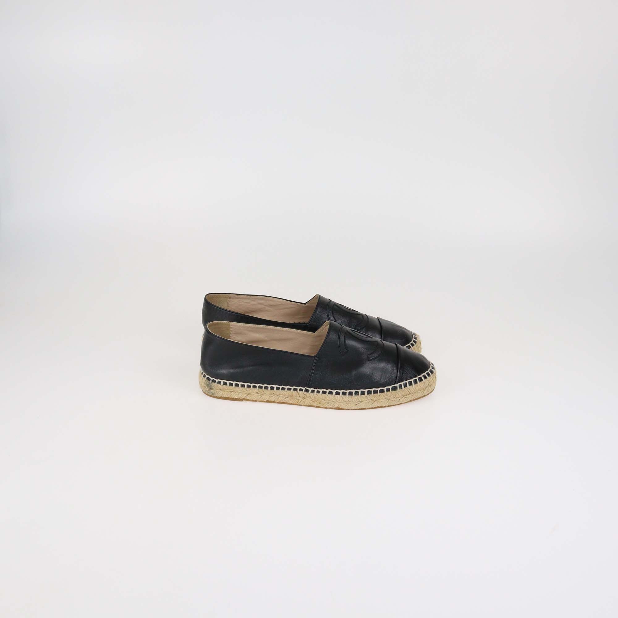 Chanel Black Leather CC Cap Toe Espadrille Flats