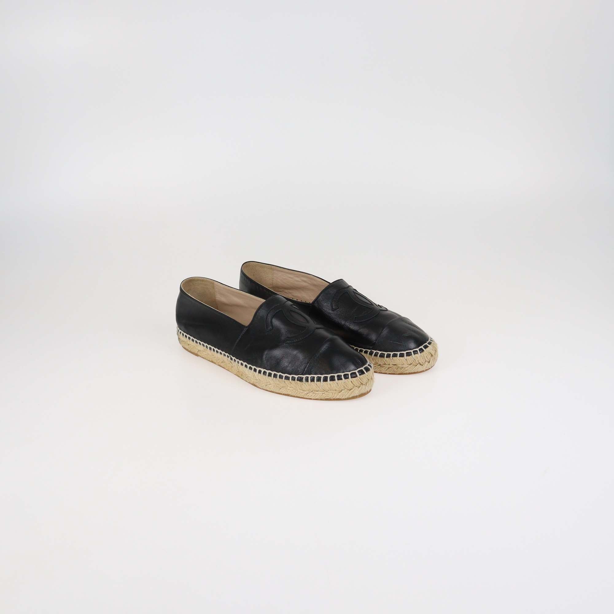 Chanel Black Leather CC Cap Toe Espadrille Flats